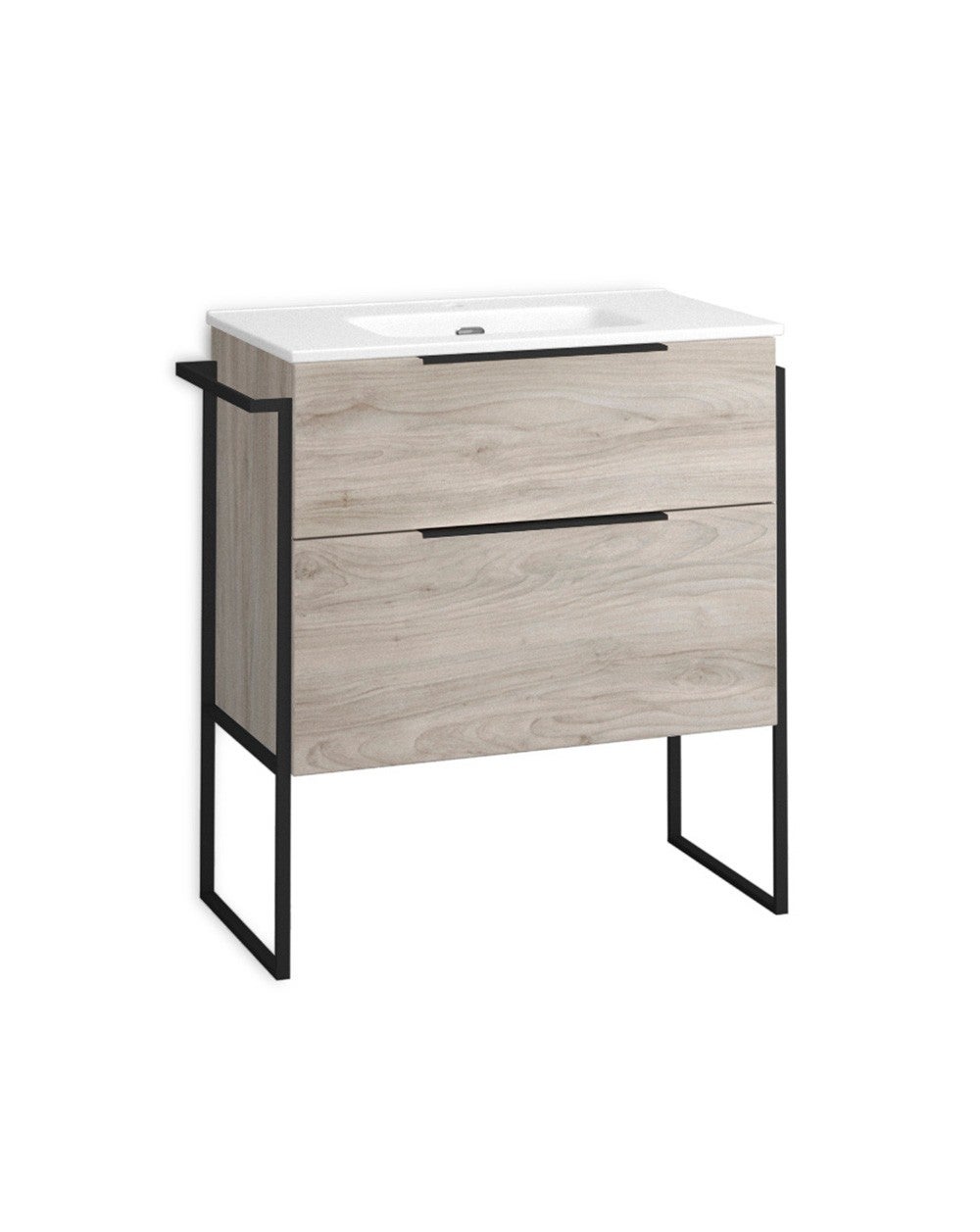 Armadio da bagno montato a pavimento con lavandino in ceramica | 60 cm | 2 cassetti con chiusura imbottita e organizzatore | Pino grigio - 2