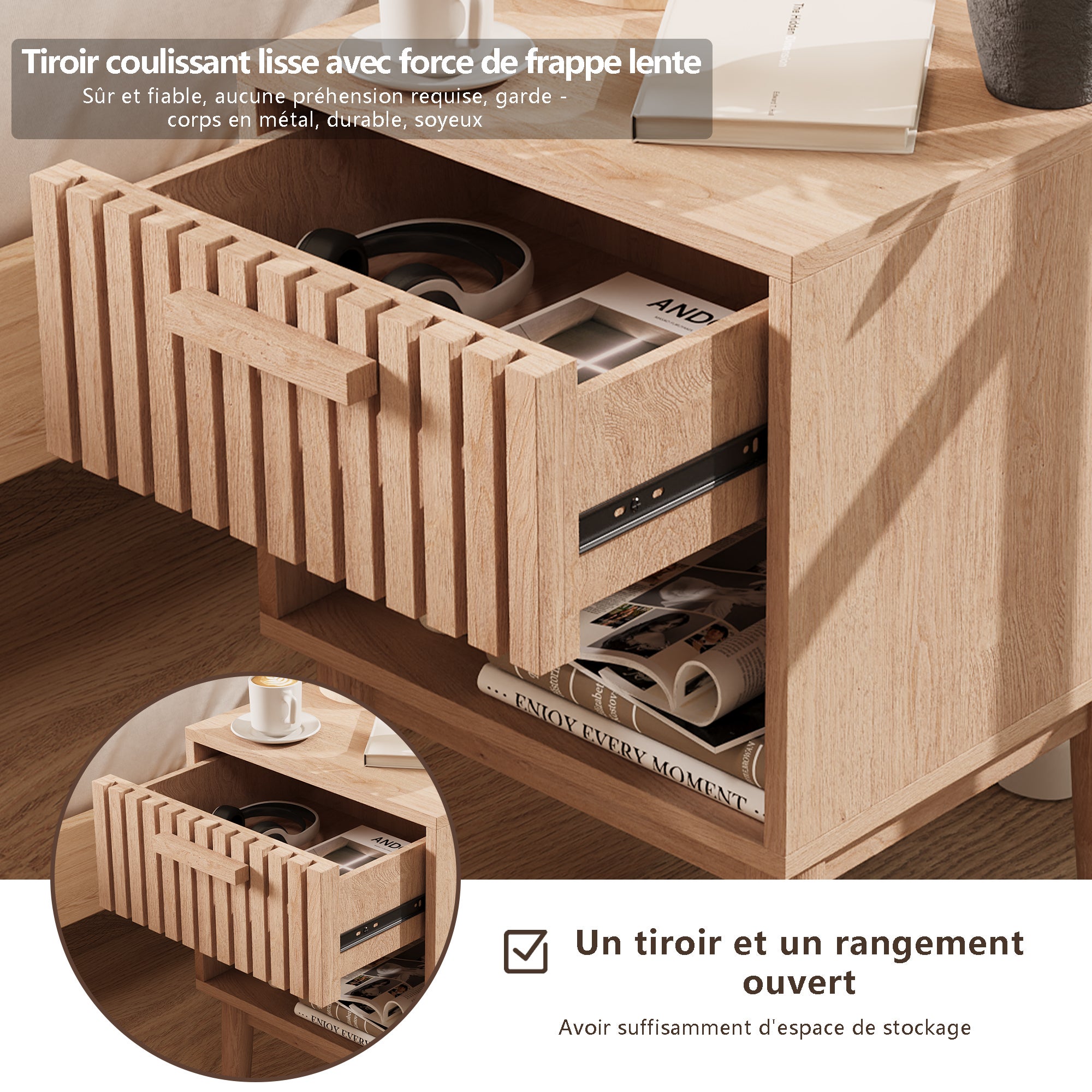 Table de Chevet Lot de 2, Table de Nuit avec 1 Tiroir, Chevet de Lit pour adulte et enfant, Table d'appoint pour Chambre, Salon, 40x35x55cm, Naturel - 7