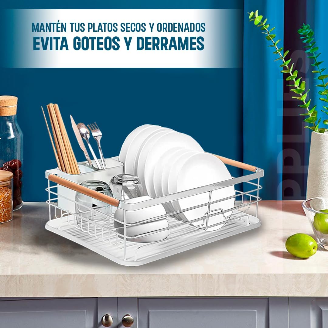 Escurreplatos de Acero Inoxidable con Soporte para Utensilios Extraible, Portavasos y Estante de Gran Capacidad - 43x32x14.5cm (Blanco) - 5