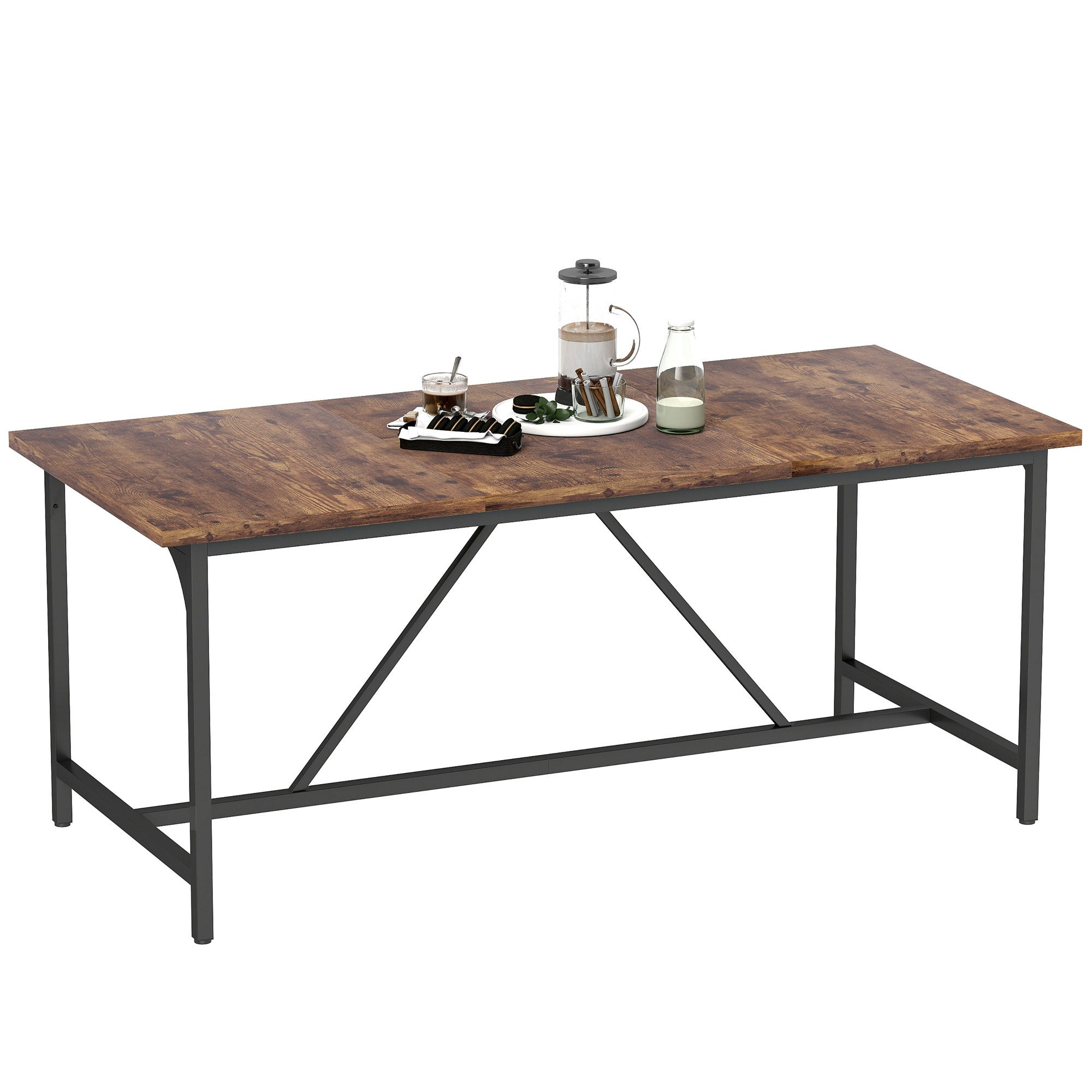 Mesa de comedor rectangular para 6-8 personas estilo industrial con patas de metal 180x80x75,5 cm marrón rústico