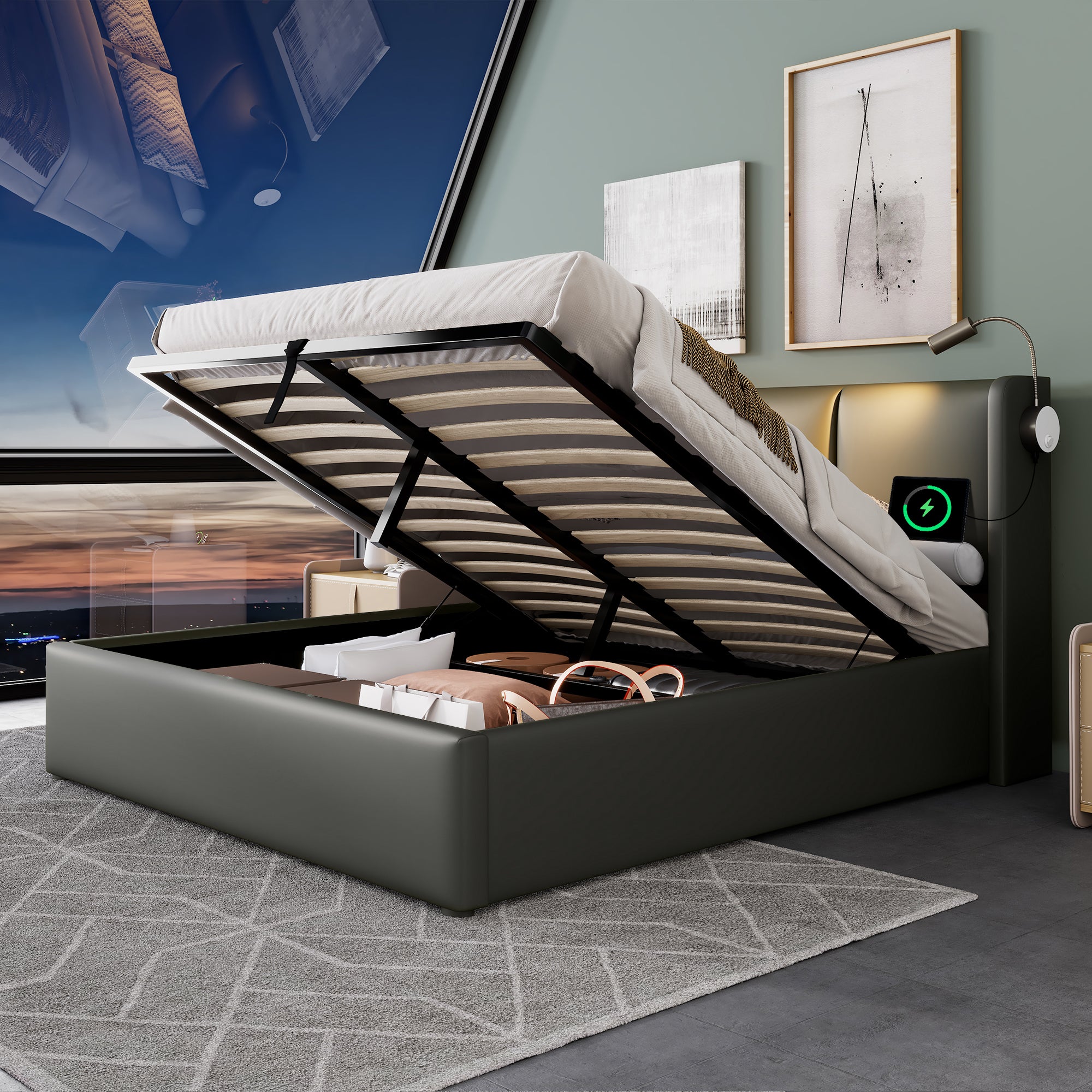 Polsterbett z schowkiem - 160x200 cm, z lampą do czytania i USB, PU, grau