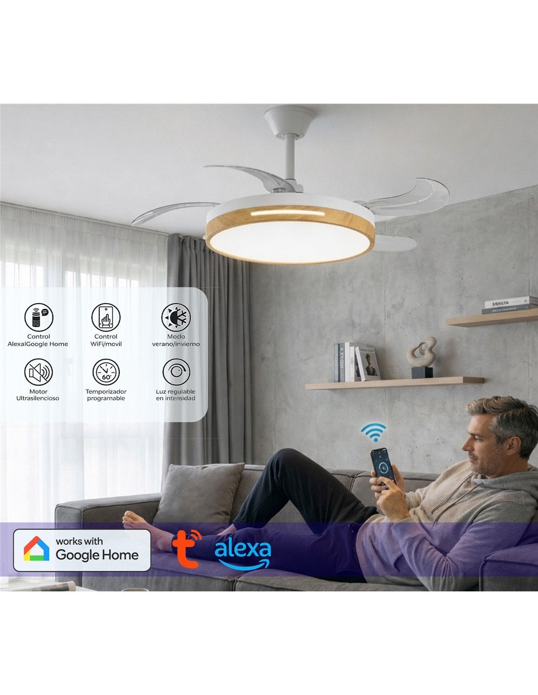 JARDIN202 - Ventilador de Techo con 4 Aspas Retráctiles, Motor DC, Wifi, Tuya App, Luz LED Regulable, 6 Velocidades | 50 cm (Vejer Wifi) - 3