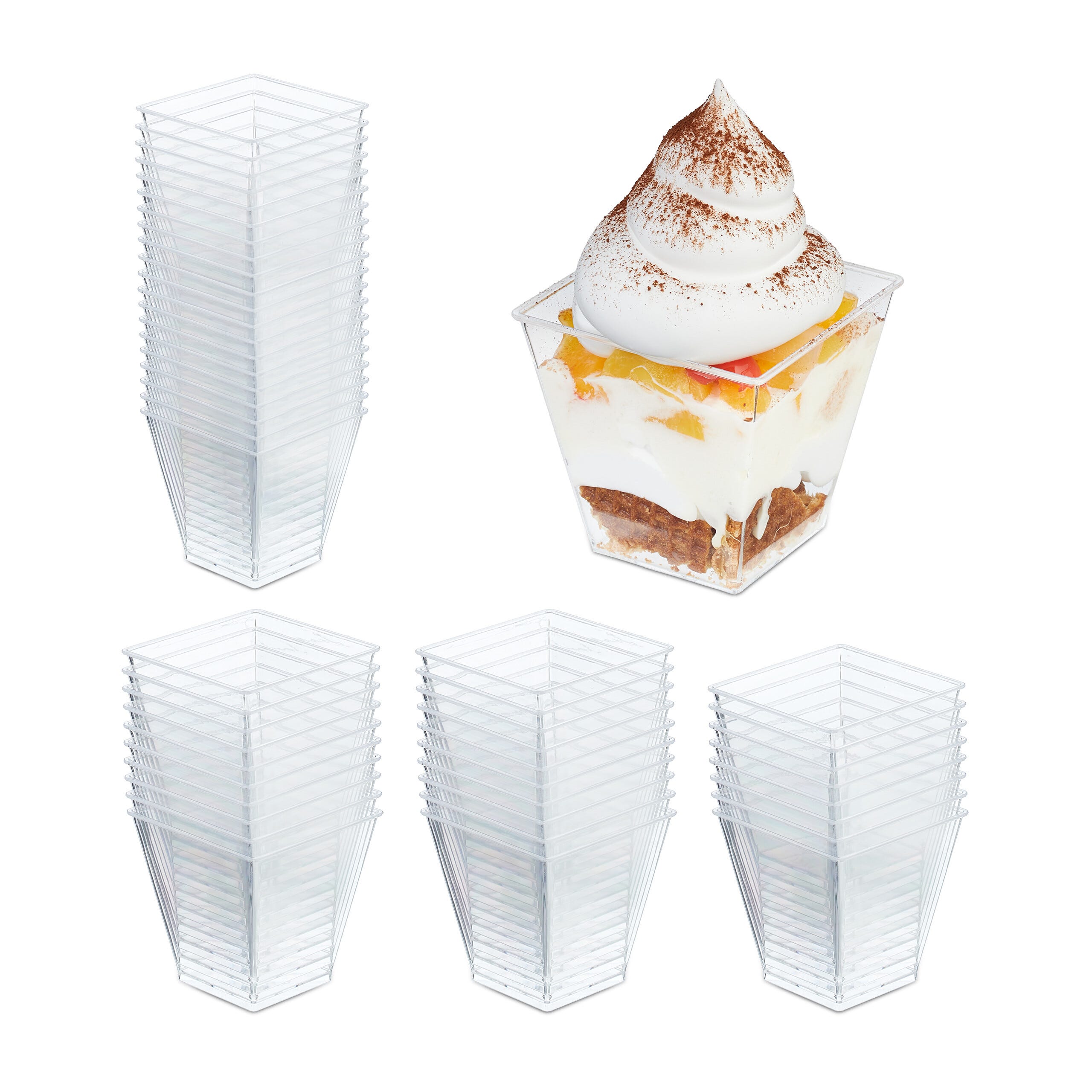 Vasitos cuadrados para postre, set de 50, 210 ml, reutilizables, para helado y tiramisú, plástico PS transparente, 7,5 x 7,5 x 7,5 cm, Relaxdays