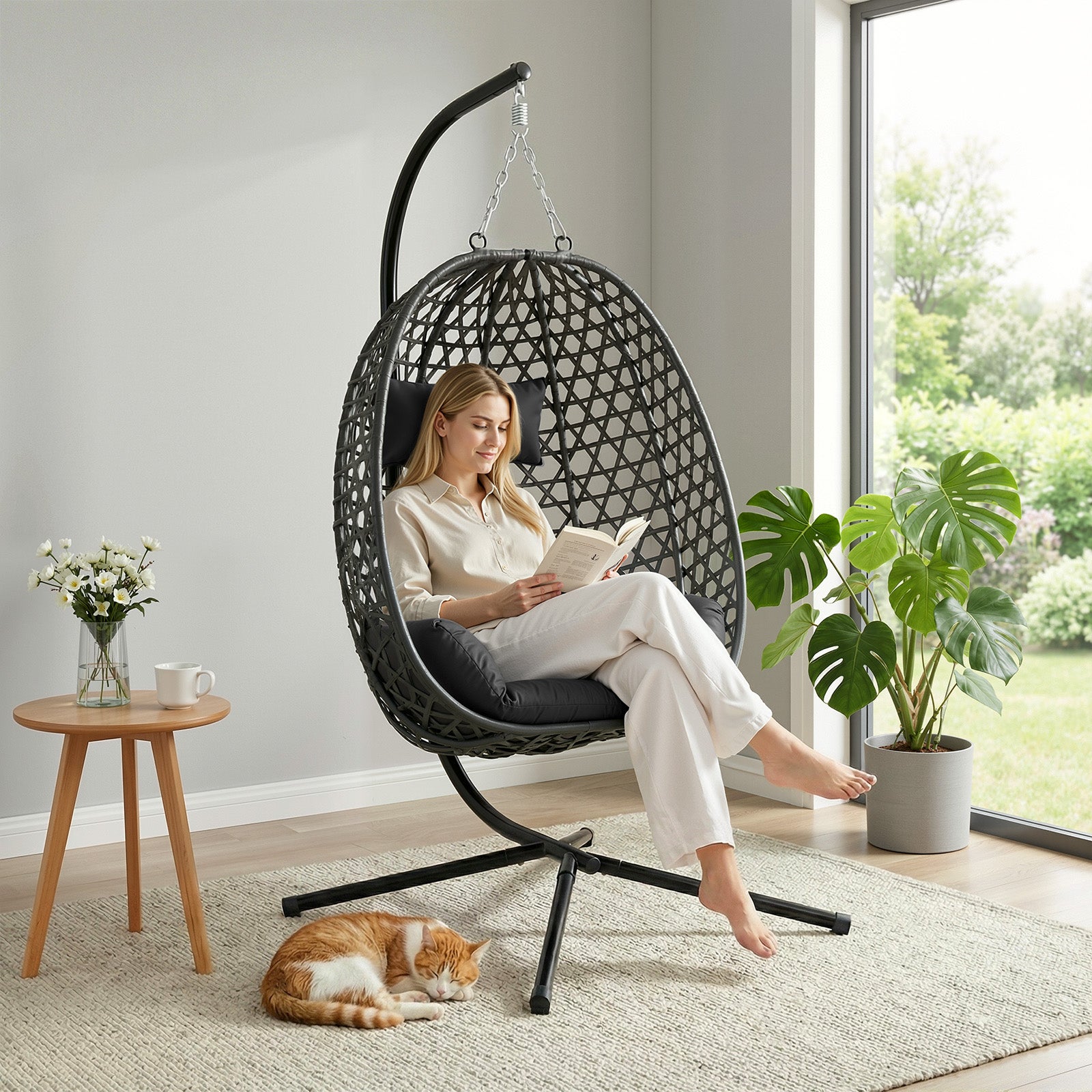 WOLTU Fauteuil Œuf Suspendu avec Support en Métal, Chaise Hamac Balançoire en Rotin PE, Coussin de Siège et Appui-tête, Noir - 2