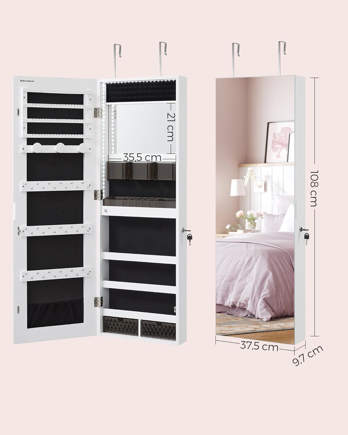 Armoire à Bijoux Murale, avec Lumières LED, avec Miroir sans Cadre, 2 Tiroirs, Verrouillable, Blanc - 5