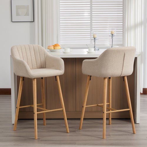 Lot de 2 tabourets de bar moderne avec dossier, accoudoirs, assise en lin et pieds en bois, beige - 3