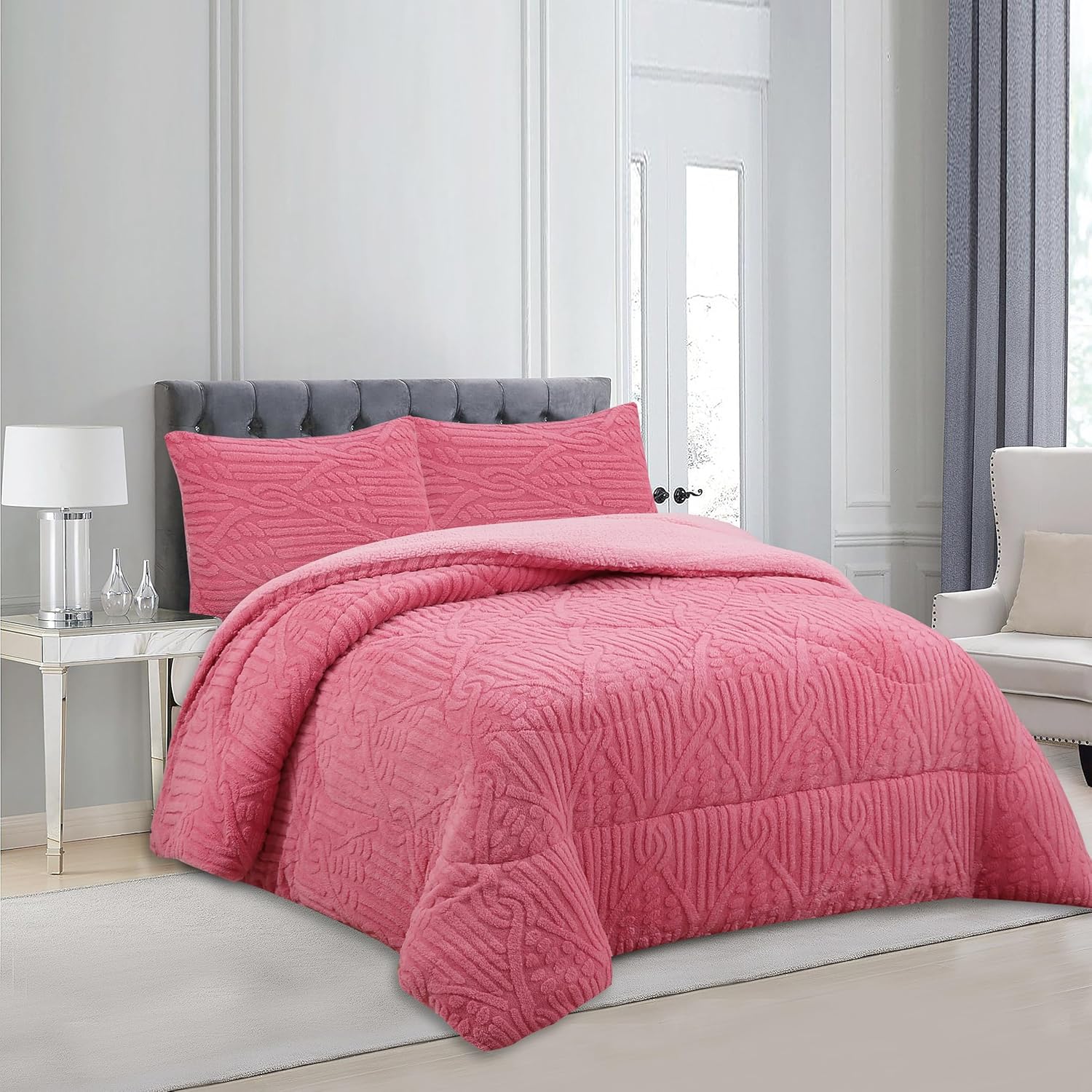 Haradeco manta sherpa para cama con fundas almohada, edredón borreguito terciopelo gruesa abriga(jacquard rosa, 230x250cm)