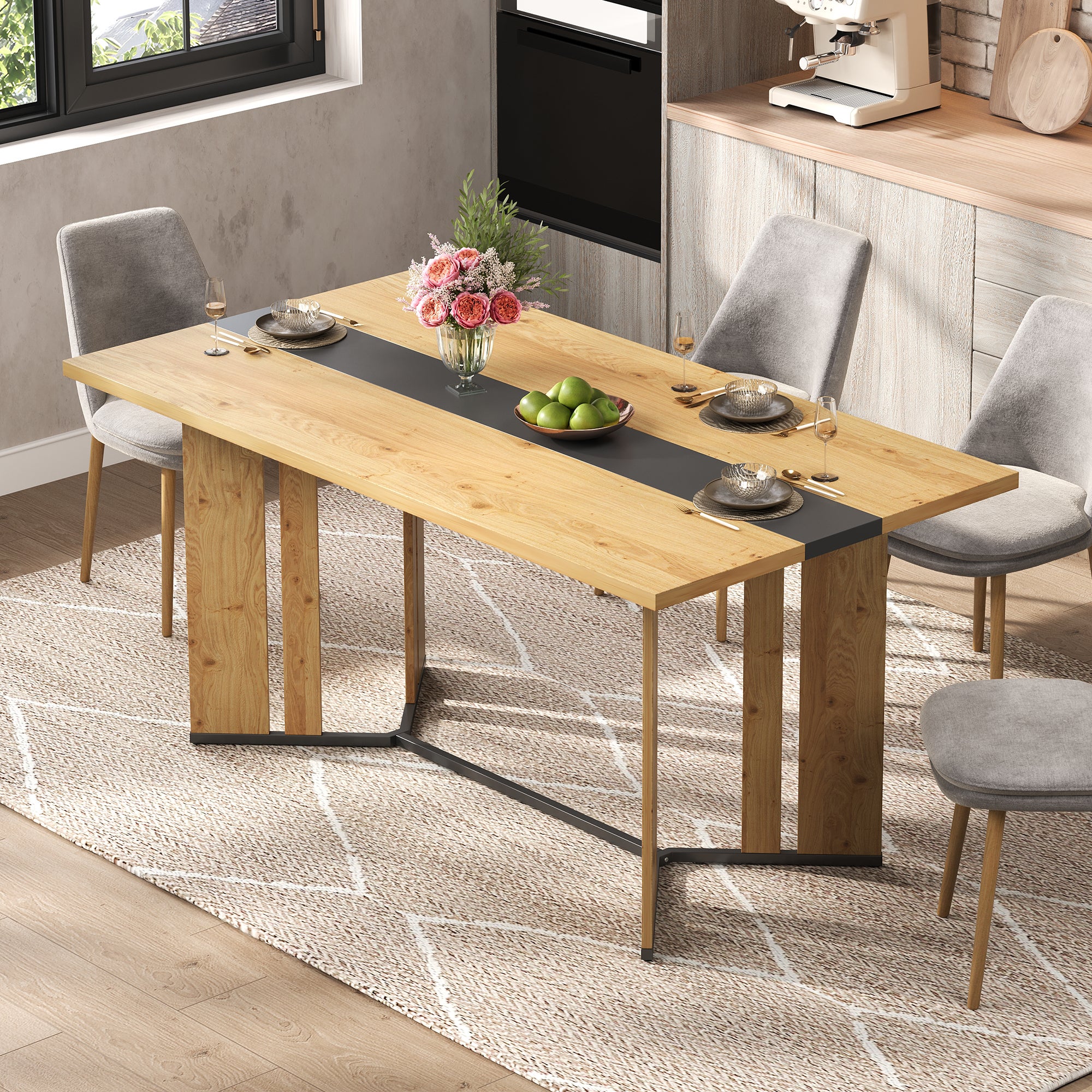 Stół jadalny prostokątny dla 4-6 osób - 150 x 80 x 76 cm - MDF - Do kuchni lub jadalni - Naturalny + czarny