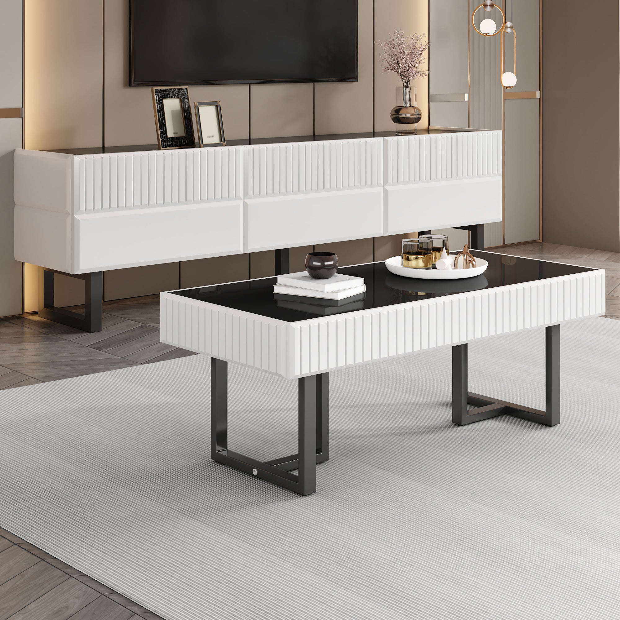 Zestaw mebli RTV 170 x 35 x 47 cm z 3 szufladami i stolikiem kawowym 110 x 50,5 x 41 cm - Płyta wiórowa + MDF - Kolor biały + czarny - 9