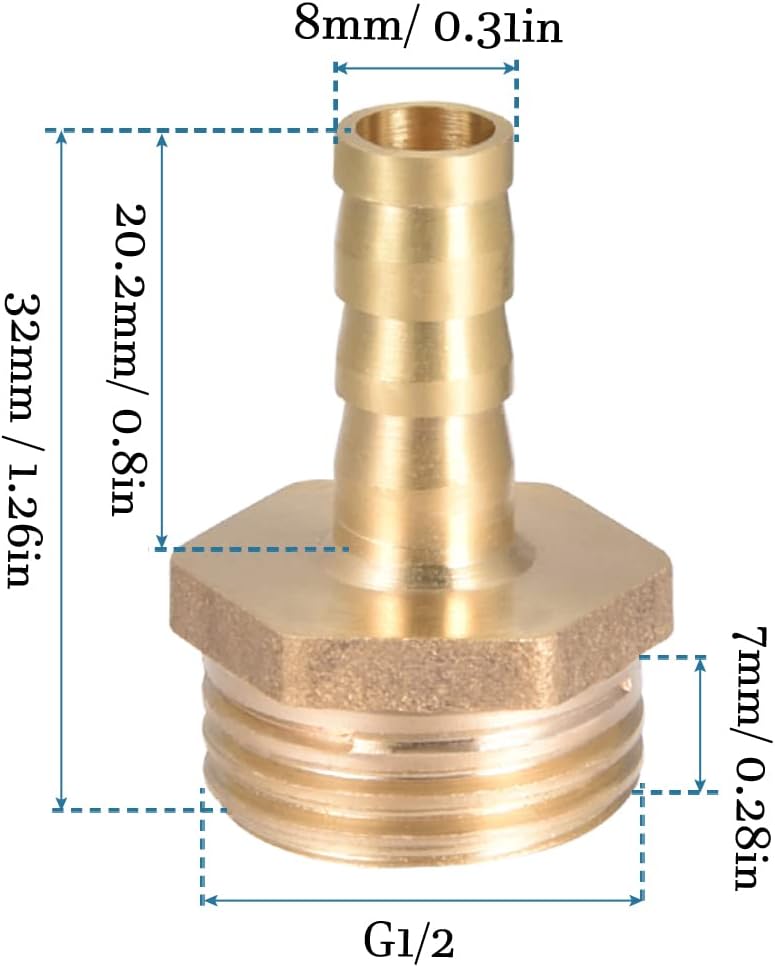 Końcówka do węża 8 mm z gwintem zewnętrznym G1/2 x 2 sztuki, prosta mosiężna końcówka z kolcami do węży pneumatycznych, wodnych i paliwowych, złota - 2