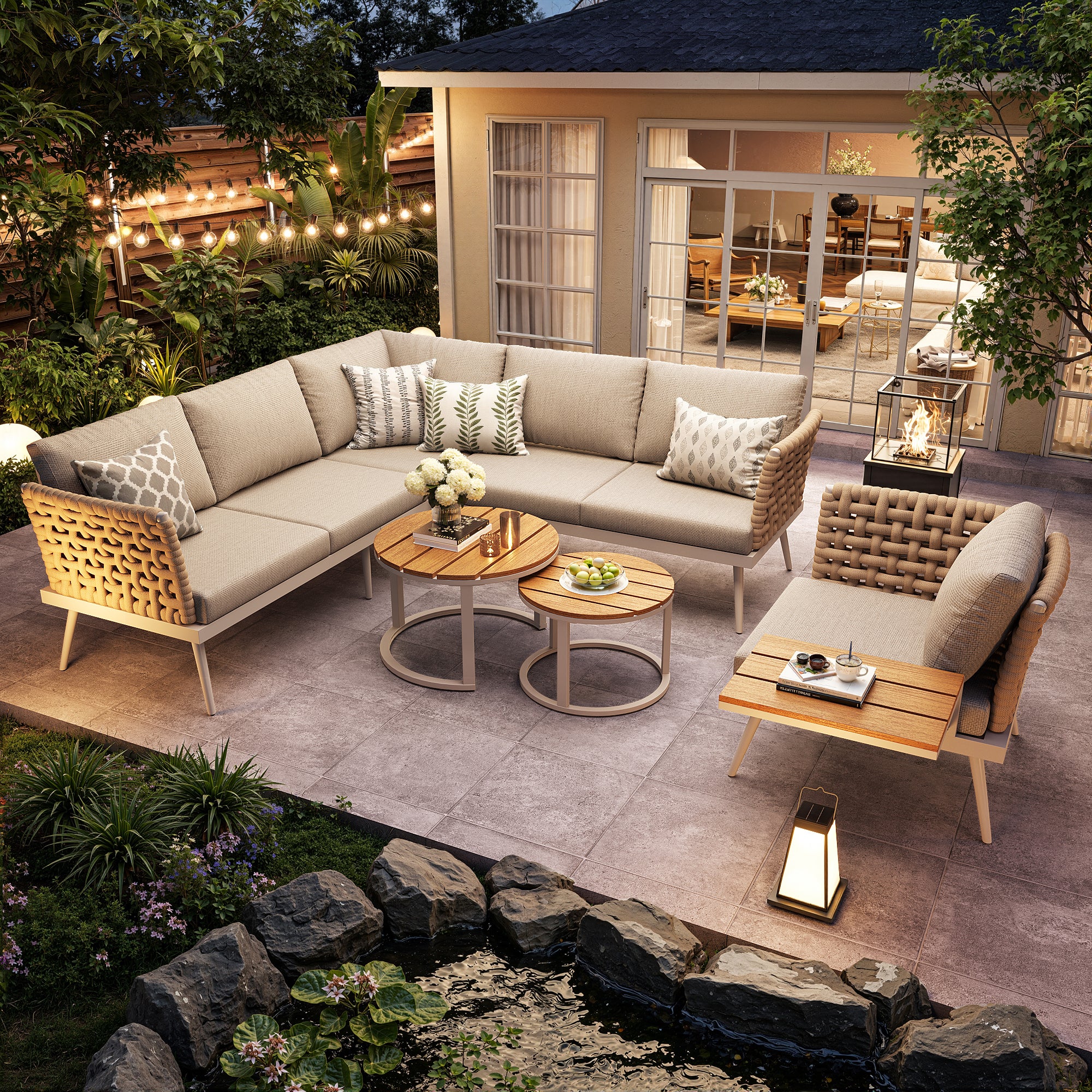Conjunto de muebles de jardín modulares de hierro de 6 plazas: 2 sofás + 1 sillón + mesas de centro apilables - Beige - 3