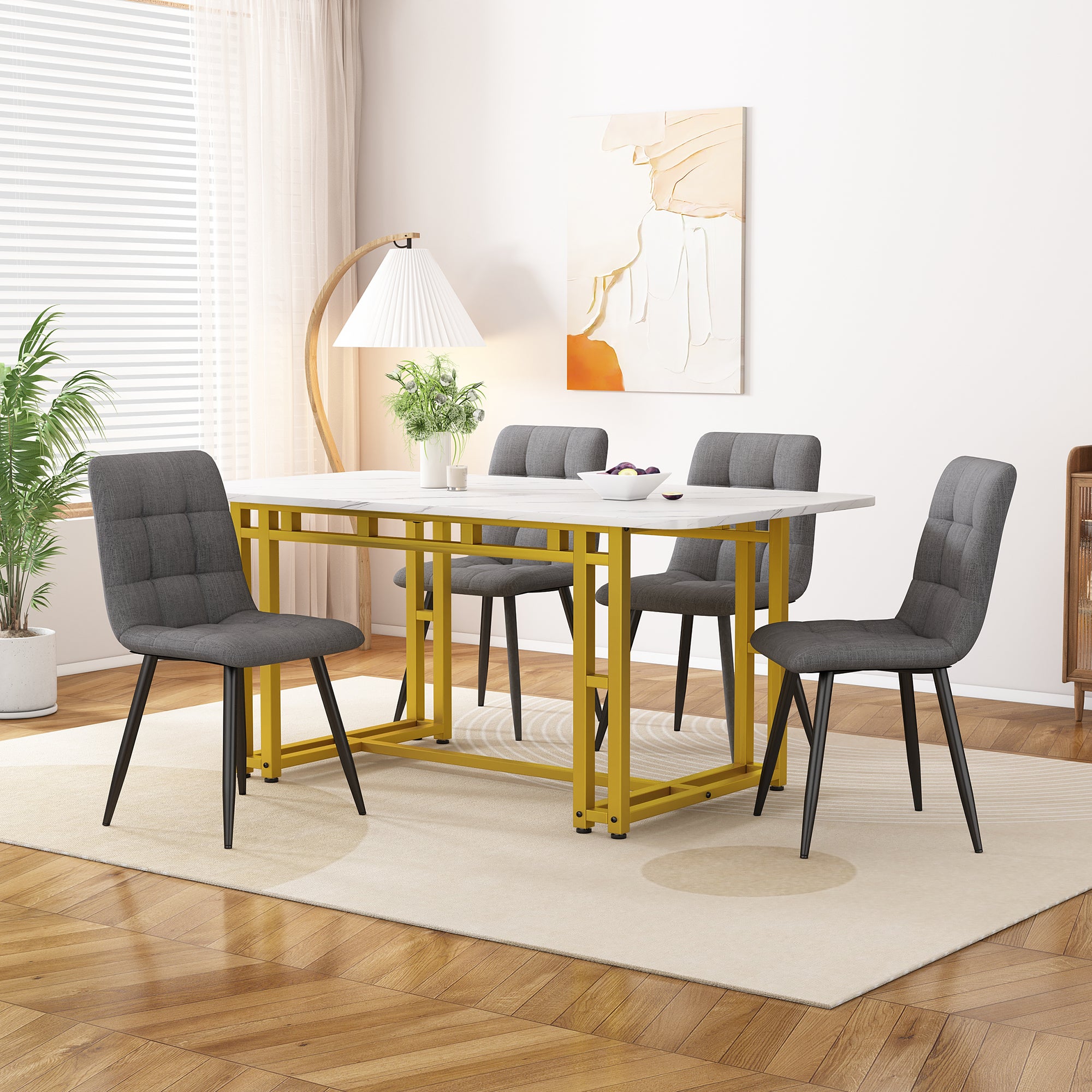 Ensemble table + 4 chaises en lin - table 120 x 70 cm - pièds en métal ...