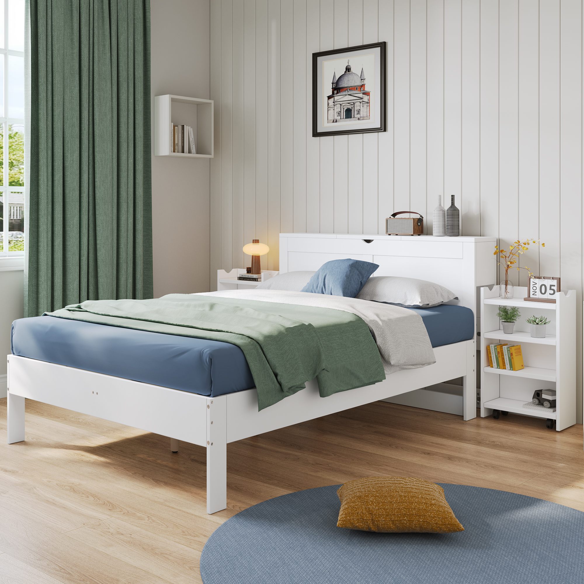 Cama de madera 140 x 200 cm Cama doble con cabecero, mesitas - Main Image