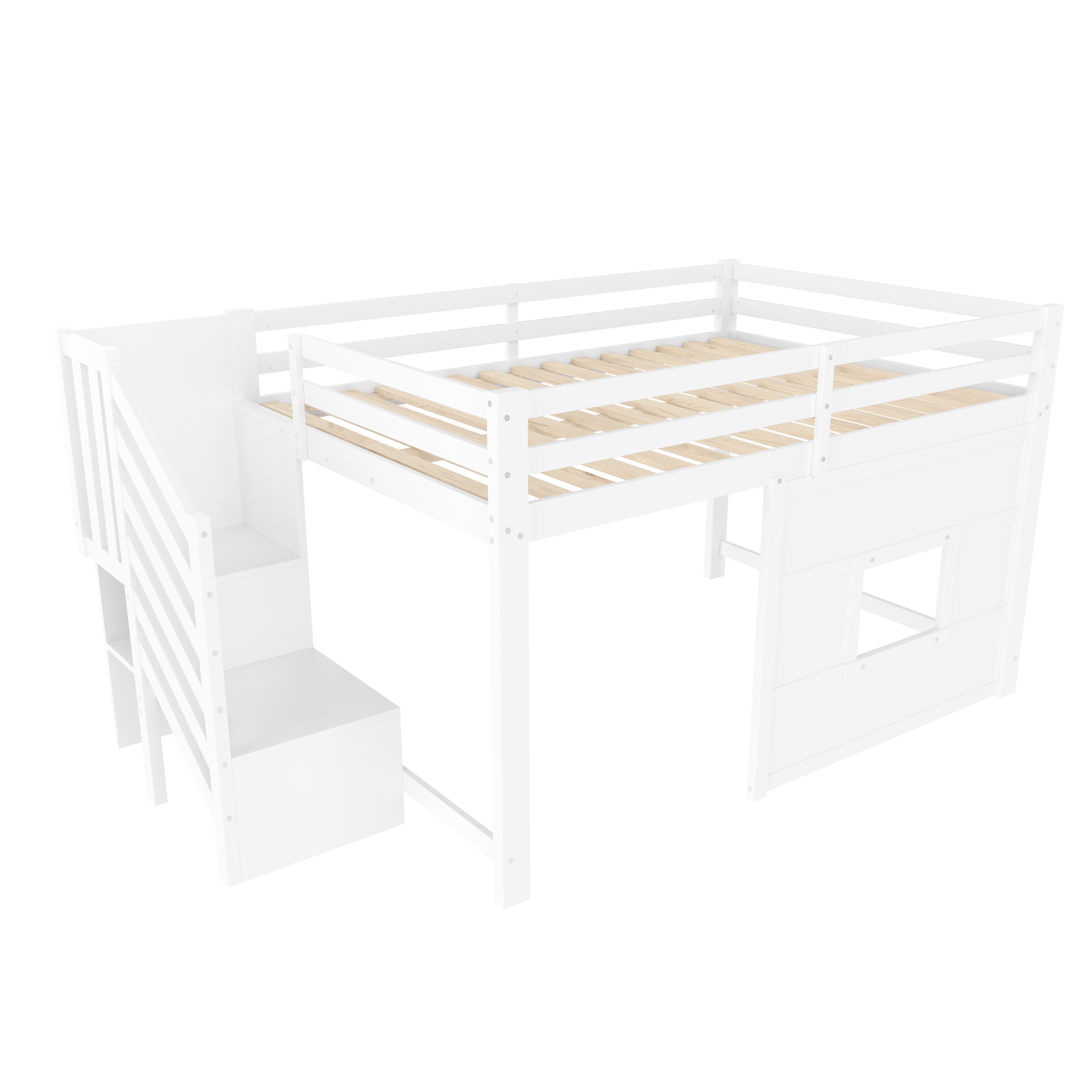 Lit mezzanine 140 x 200 cm avec escalier de rangement et fenêtre - MDF + pin - Blanc (Sans matelas) - 8