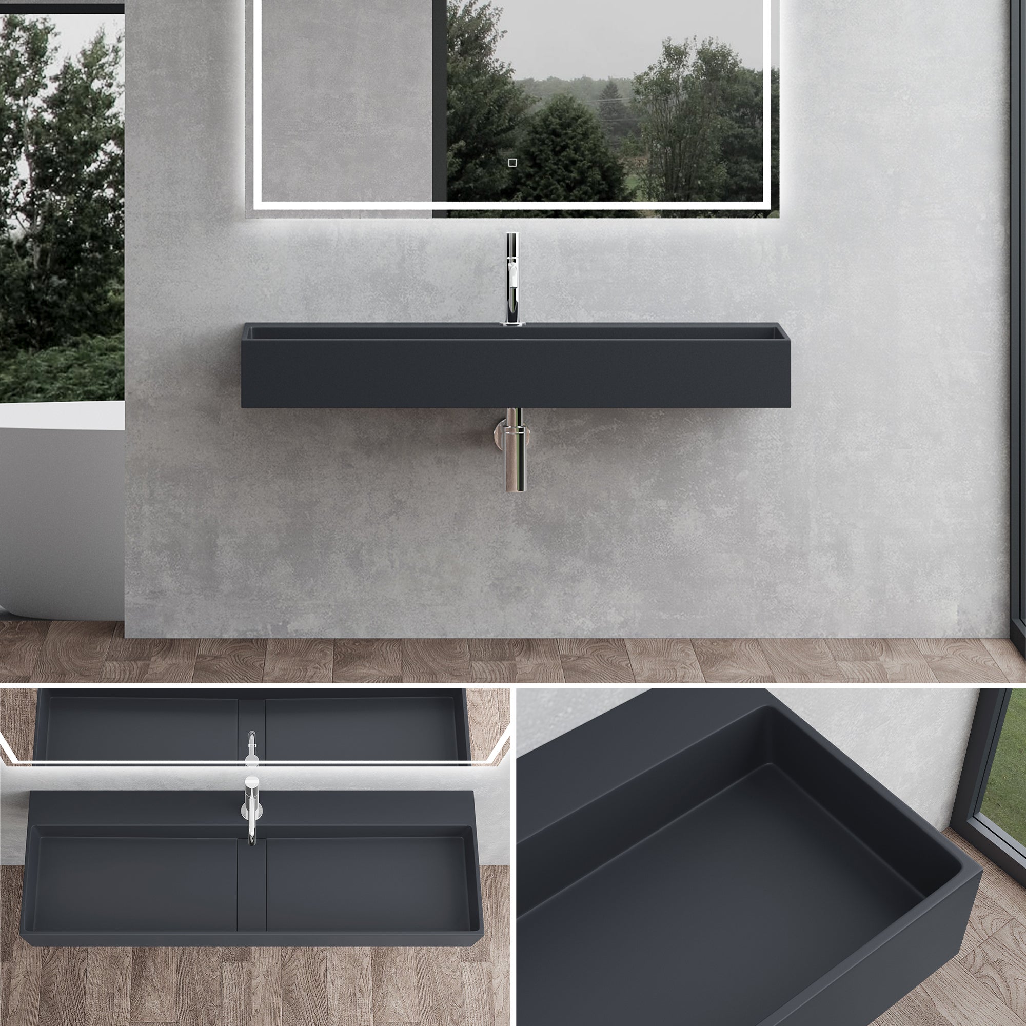 Mai & Mai Lavabo Suspendu Vasque à Poser Gris Noir Mat 100x40x14cm Évier Lave Mains Salle de Bain avec Cache Bonde Col6028 - 2