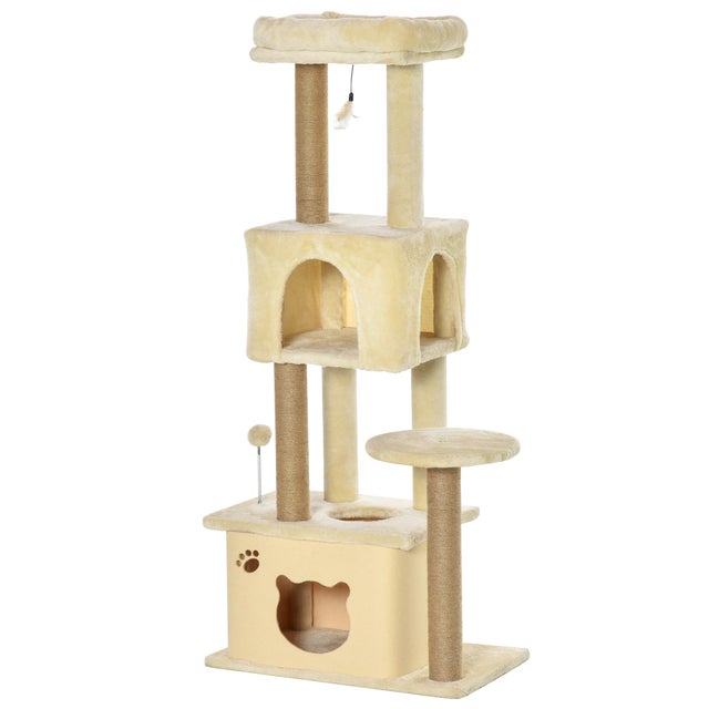 PawHut Albero Tiragraffi per Gatti Alto 136 cm con Cuccia Rimovibile, Casetta e Lettino, Pali in Iuta, Beige
