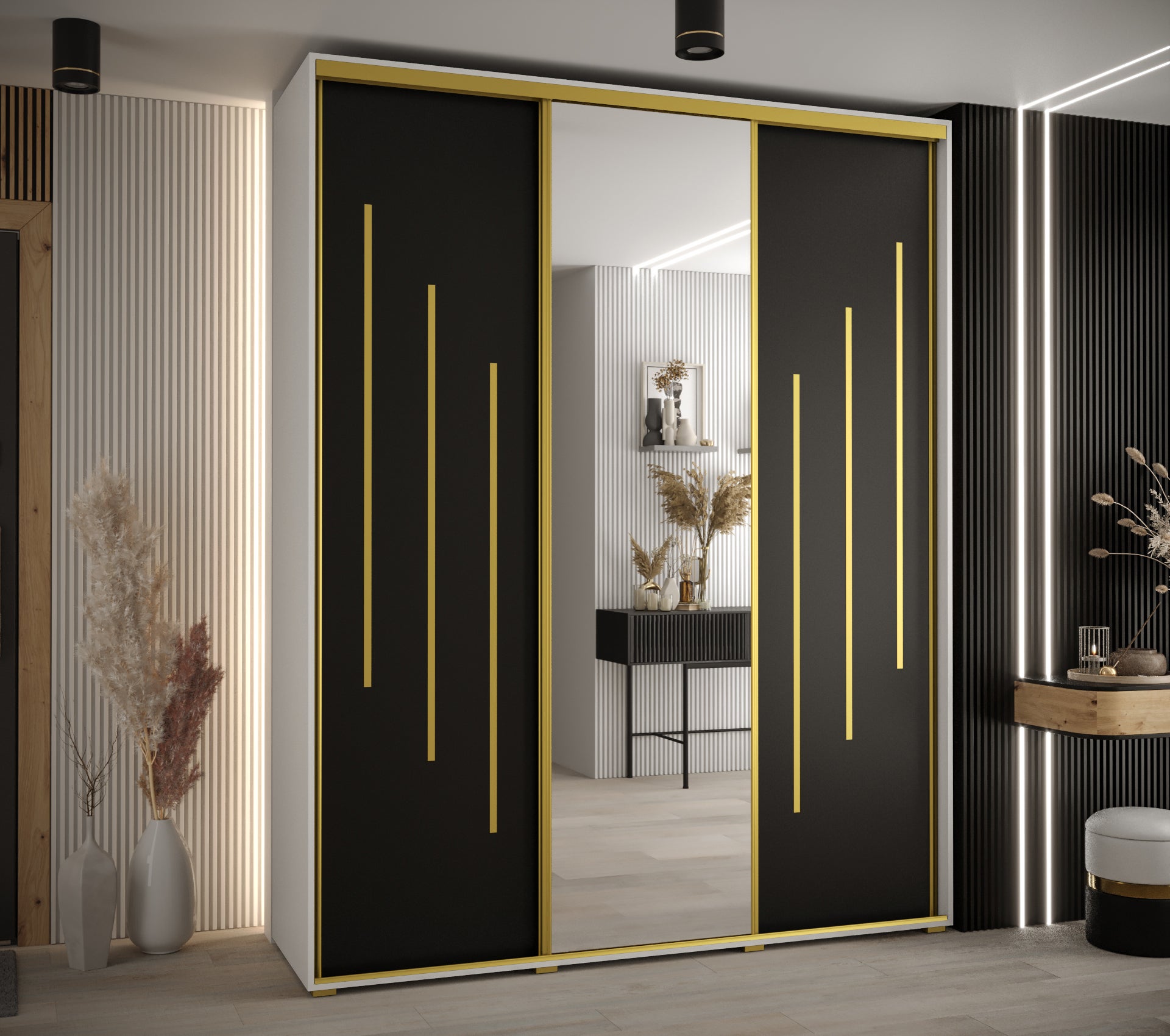 Szafa przesuwna z lustrem wysoka Davos 9 200 x 60 x 235,2 cm biały + czarny + u. złoty - Abiks Meble - 2