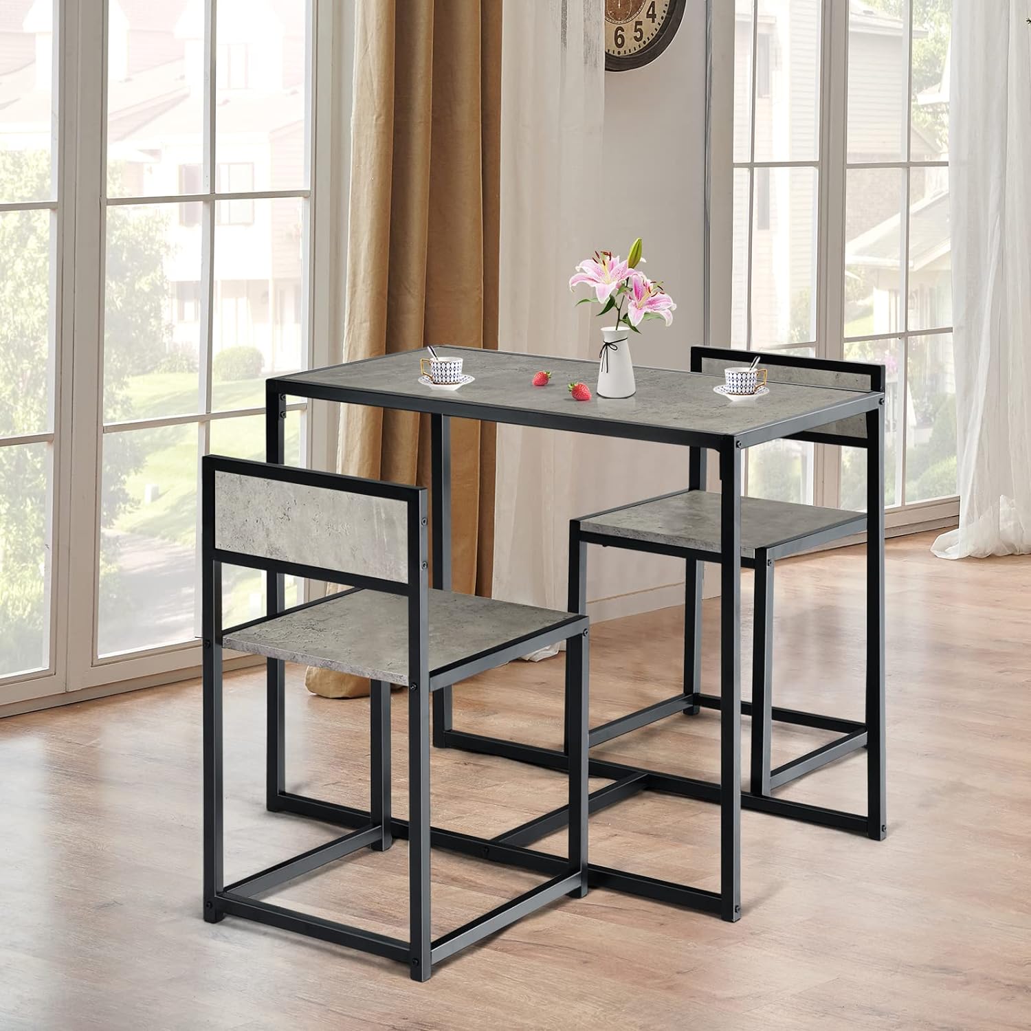 Litake Tavolo Da Bar Con 2 Sgabelli E 3 Ripiani Laterali - Set 3 Pezzi, Grigio, Stile Industriale, Per Cucina E Soggiorno - 3