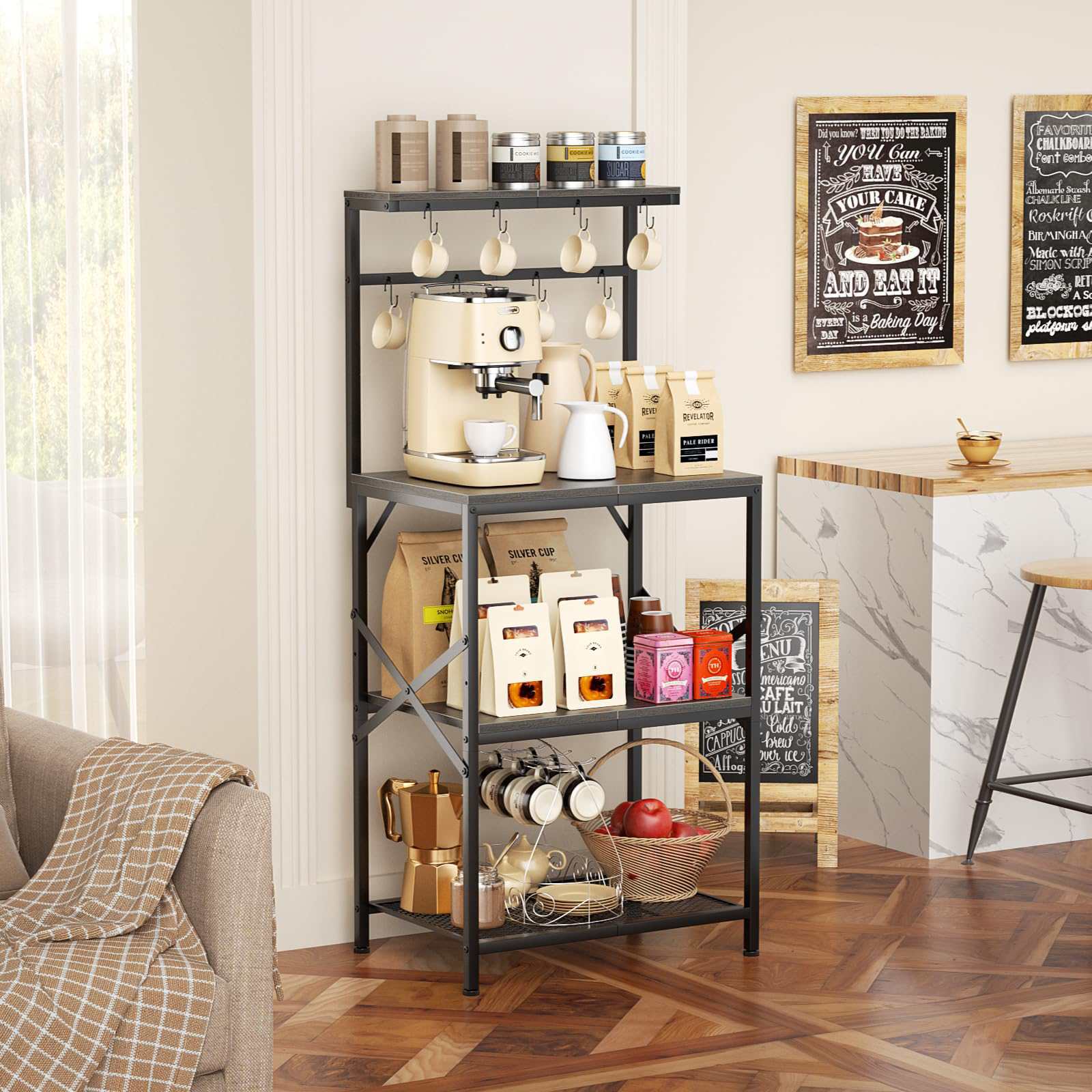 Estantería metálica de cocina de 4 niveles, en color gris, con 8 ganchos, soporte ajustable para microondas y zona multifuncional para guardar el café - 7