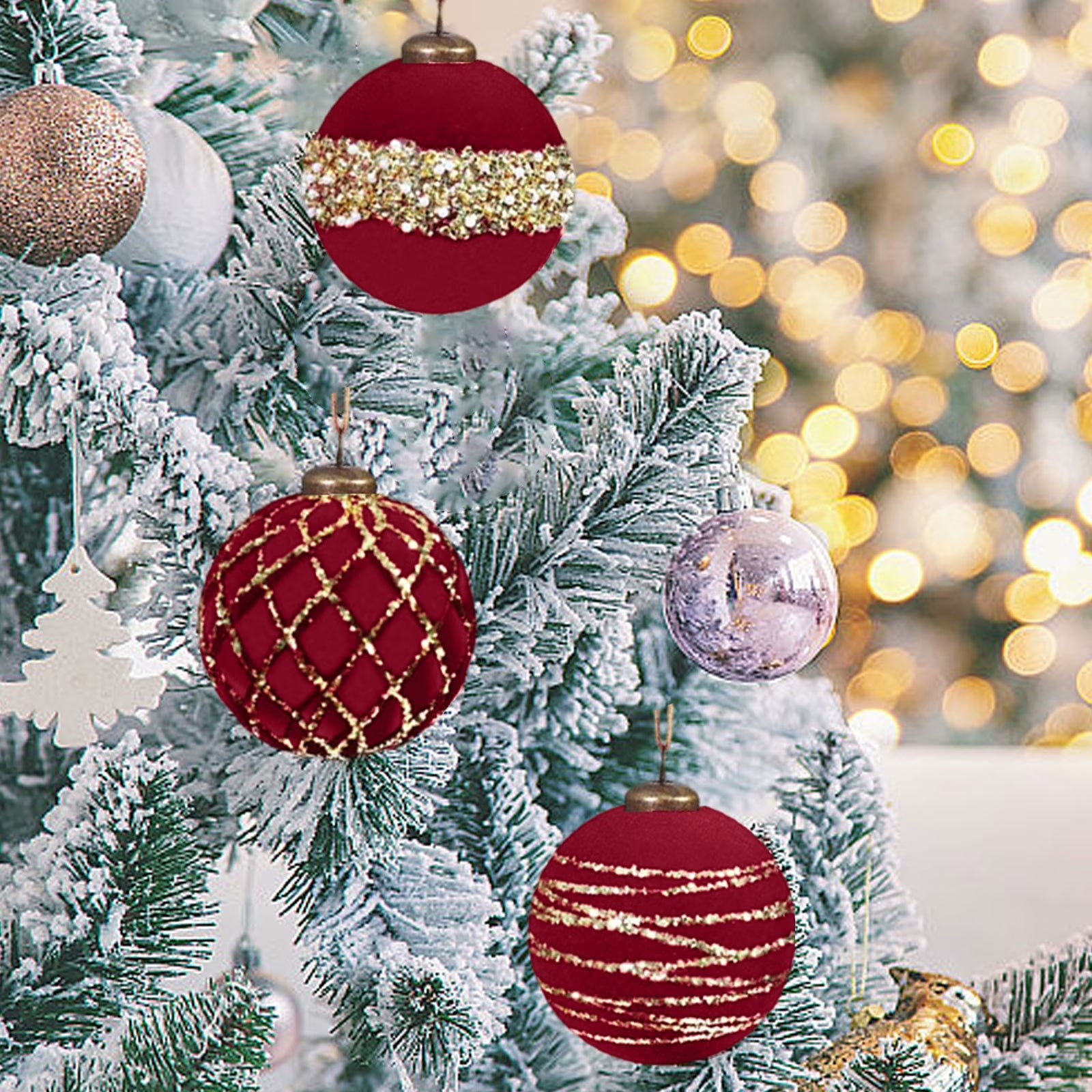 Lot de 12 boules de Noël floquées rouges, boules suspendues pour arbre de Noël, décoration de scène, décorations suspendues DIY, fête de fin d'année - 9