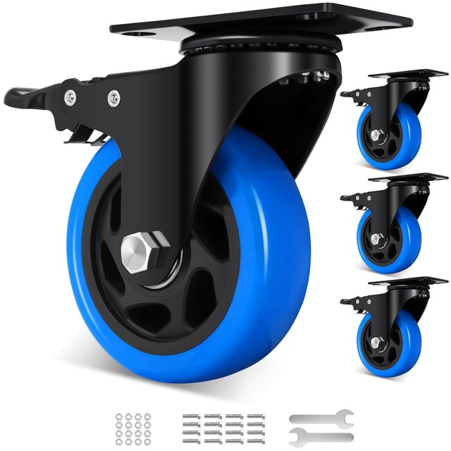 Rodízios robustos de 100 mm com mecanismo de travamento duplo, capacidade de carga de 800 kg e rotação externa de 360 graus.