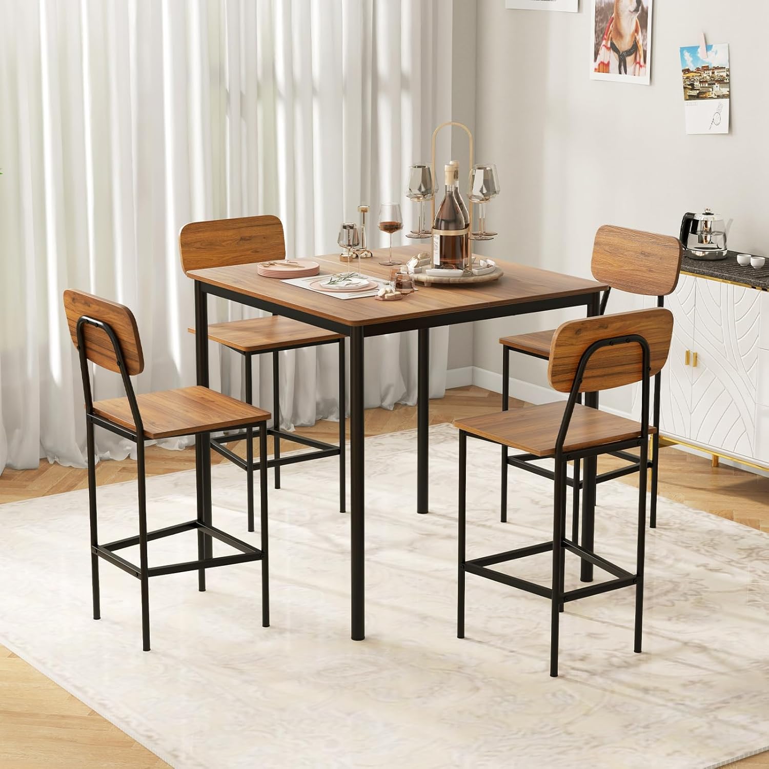Table et 4 Chaises, Table Haute Cuisine 90 x 90 cm, Tabouret avec Dossier, Mange Debout pour 4 Personnes, Design Compact(Marron Rustique) - 8