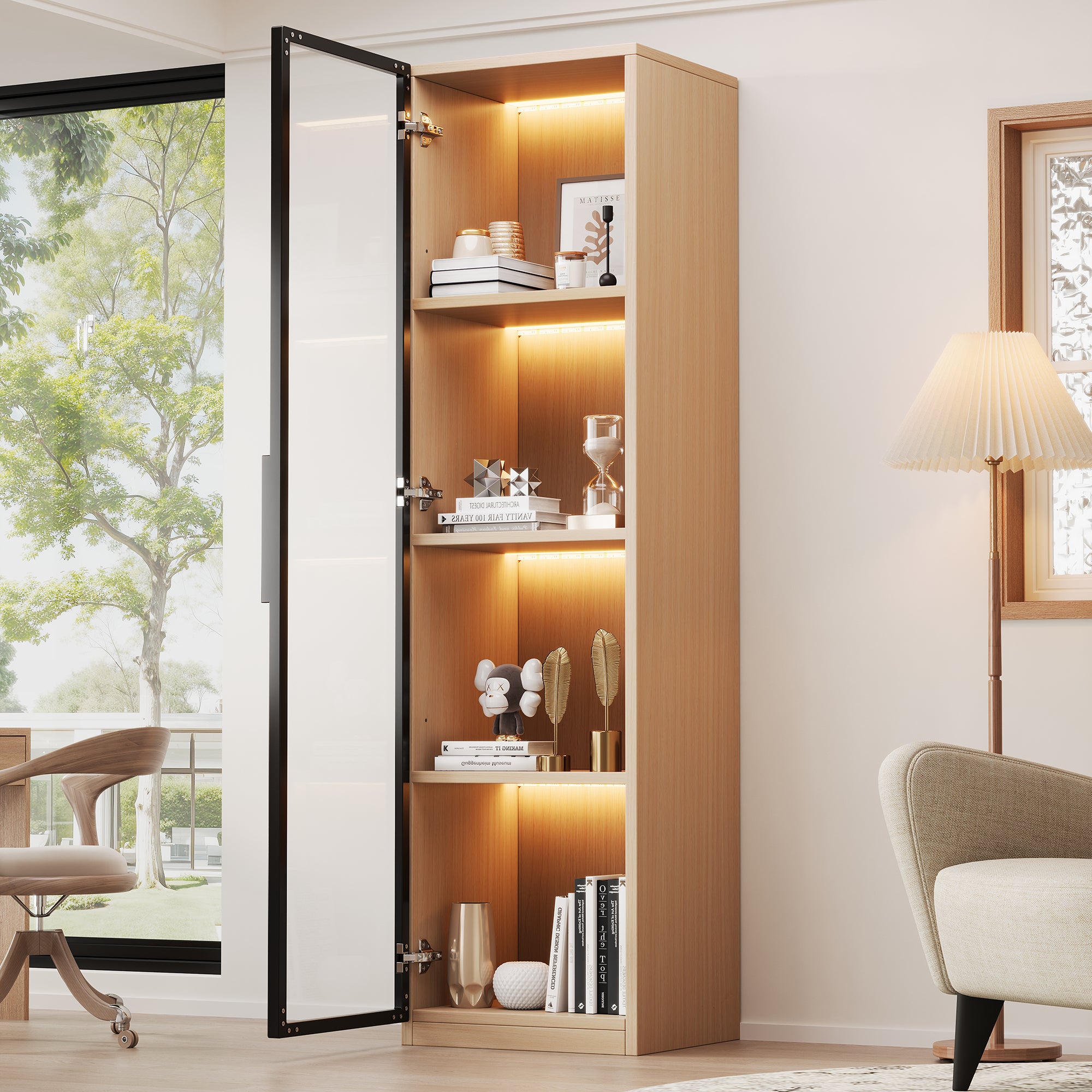 Vitrine Haute d'angle 40x40x165 cm avec LED Multicolore, Vitrine moderne avec Porte Vitrée Trempée, Charnières Amorties, Vitrine en bois Chêne - 2