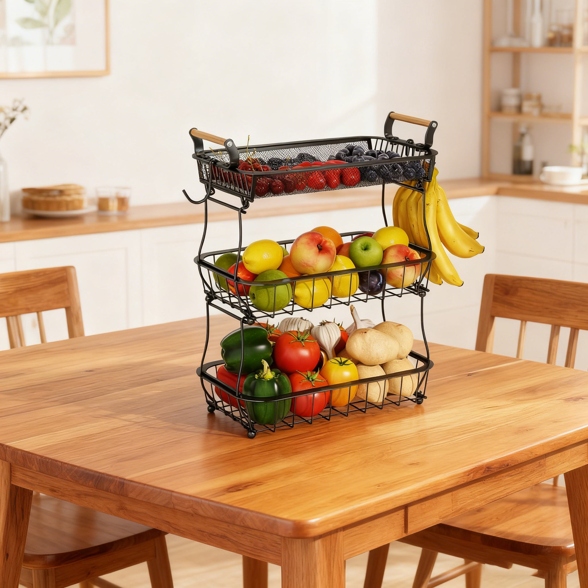 Set 2 cesti frutta 3 piani con supporto per banane, organizer metallico per verdura e frutta, ideale per cucina e conservazione - 8