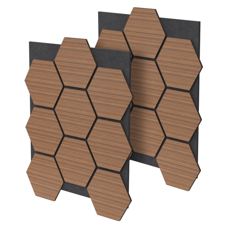 ML-Design zestaw 2 teak paneli akustycznych MDF 66x81x2 cm z sześciokątnym wzorem drewna panele dekoracyjne do izolacji ścian biura studia