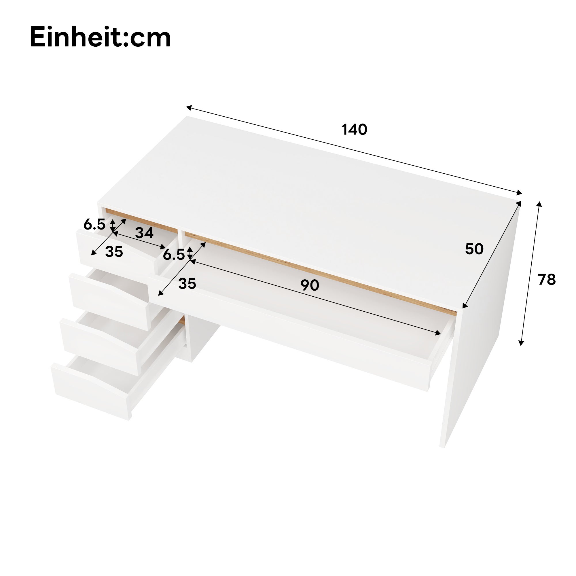 Bureau avec 5 tiroirs - Bureau informatique ou coiffeuse - Panneaux de particules - 140 x 50 x 78 cm - Blanc et chêne - 6