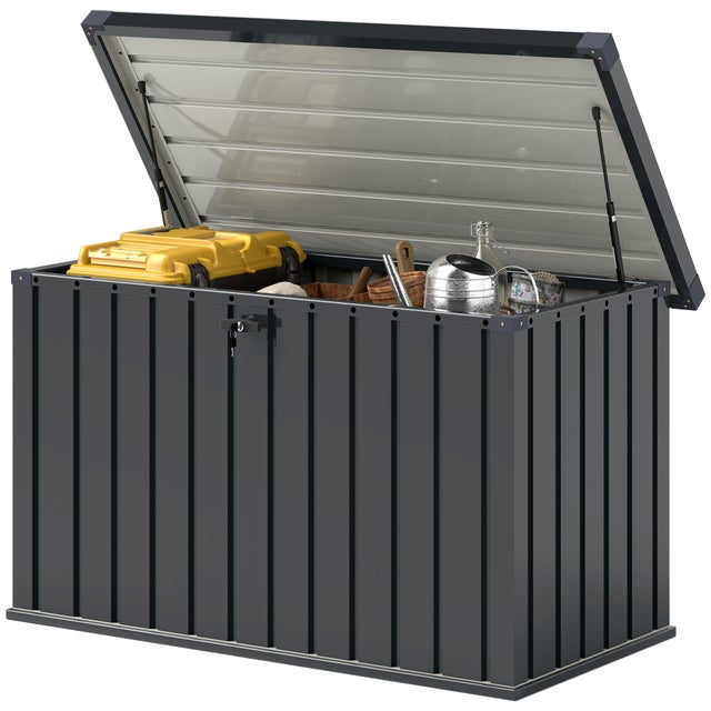 Outsunny Baule da Esterno da 400L in Acciaio Zincato con Serratura e 2 Chiavi 124x66x72 cm, Grigio Scuro