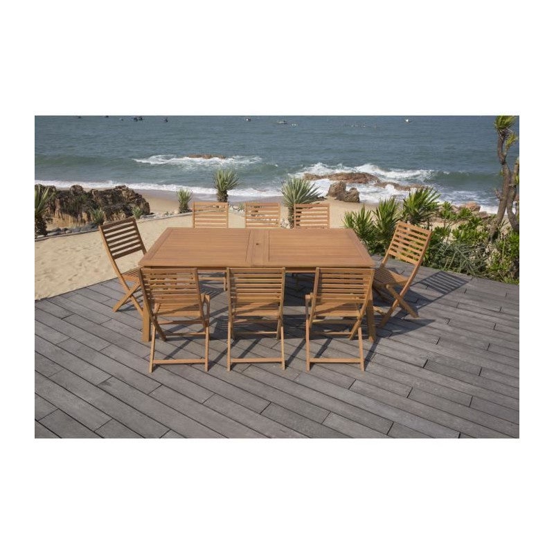 Ensemble repas de jardin 8 a 12 personnes - Table extensible 200/250/300 x 100cm + 6 chaises - Bois Eucalyptus FSC - 6