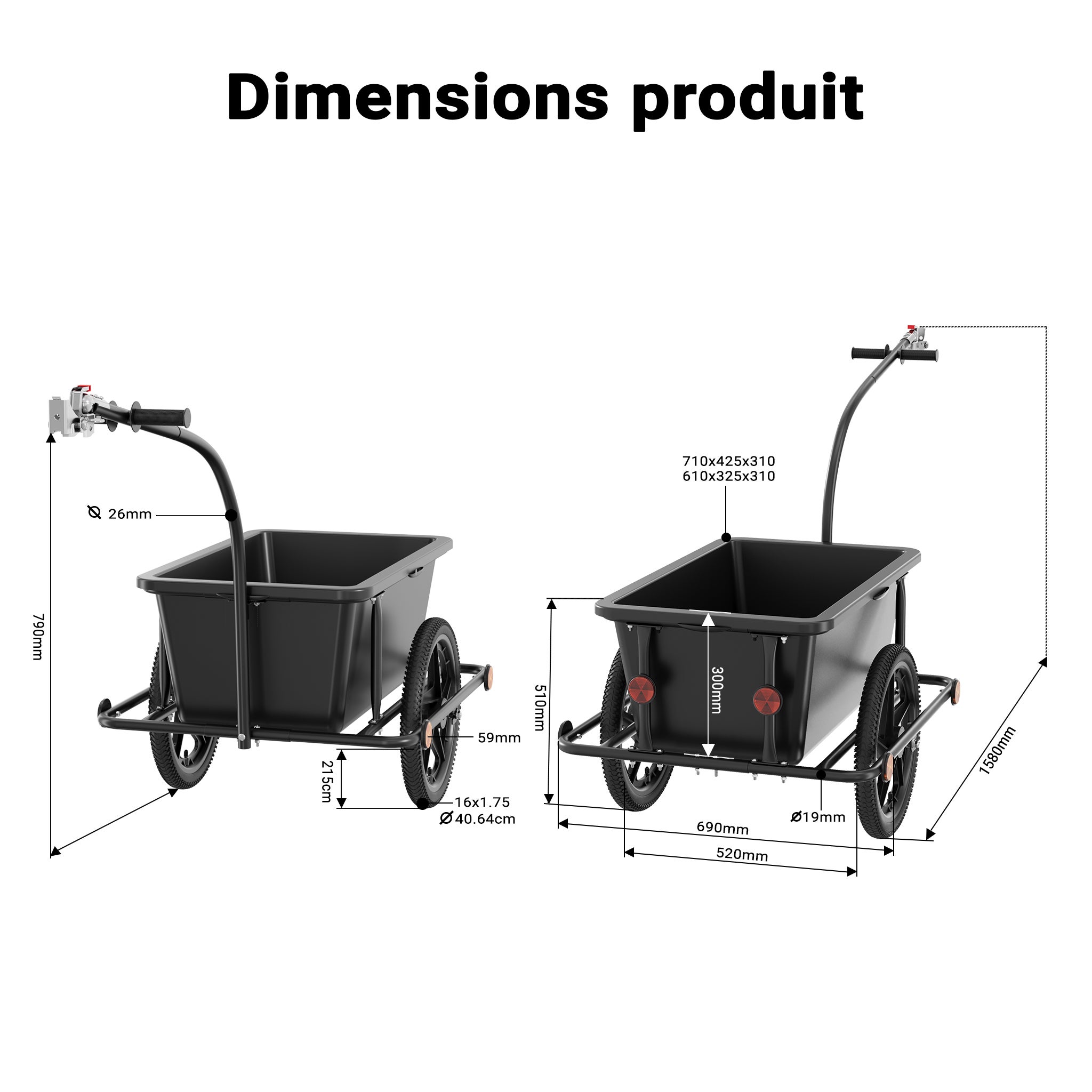 Remorque pour vélo 80 kg max., 1580 x 690 x 510 mm, Bac 90 l, Attelage rapide, Cadre protège-roue, Charrette à bras, Transport de charges… Wiltec - 3