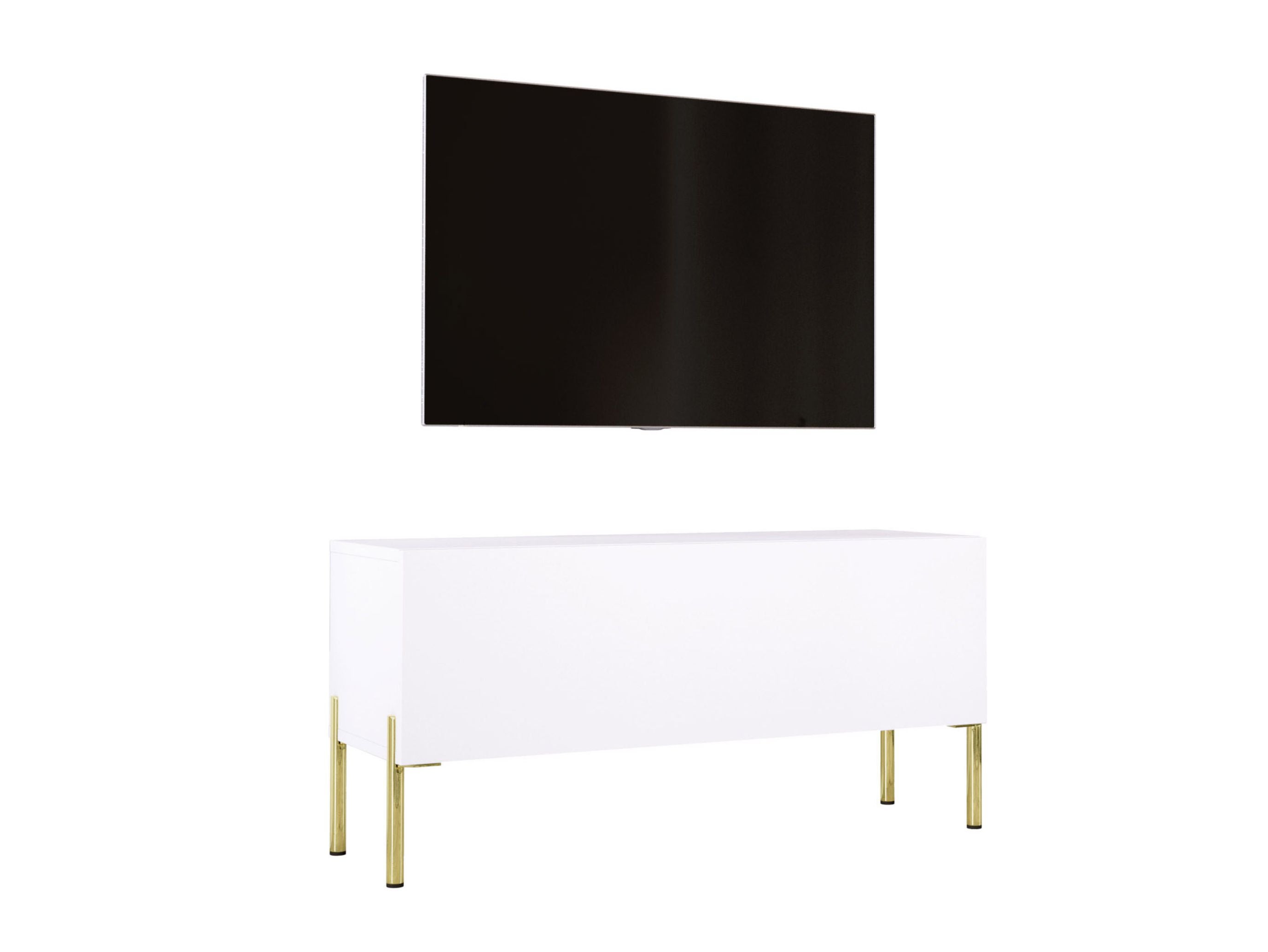 Szafka RTV : Biały Matowy / Biały Połysk, złote nogi, 100 x 32 x 52 cm