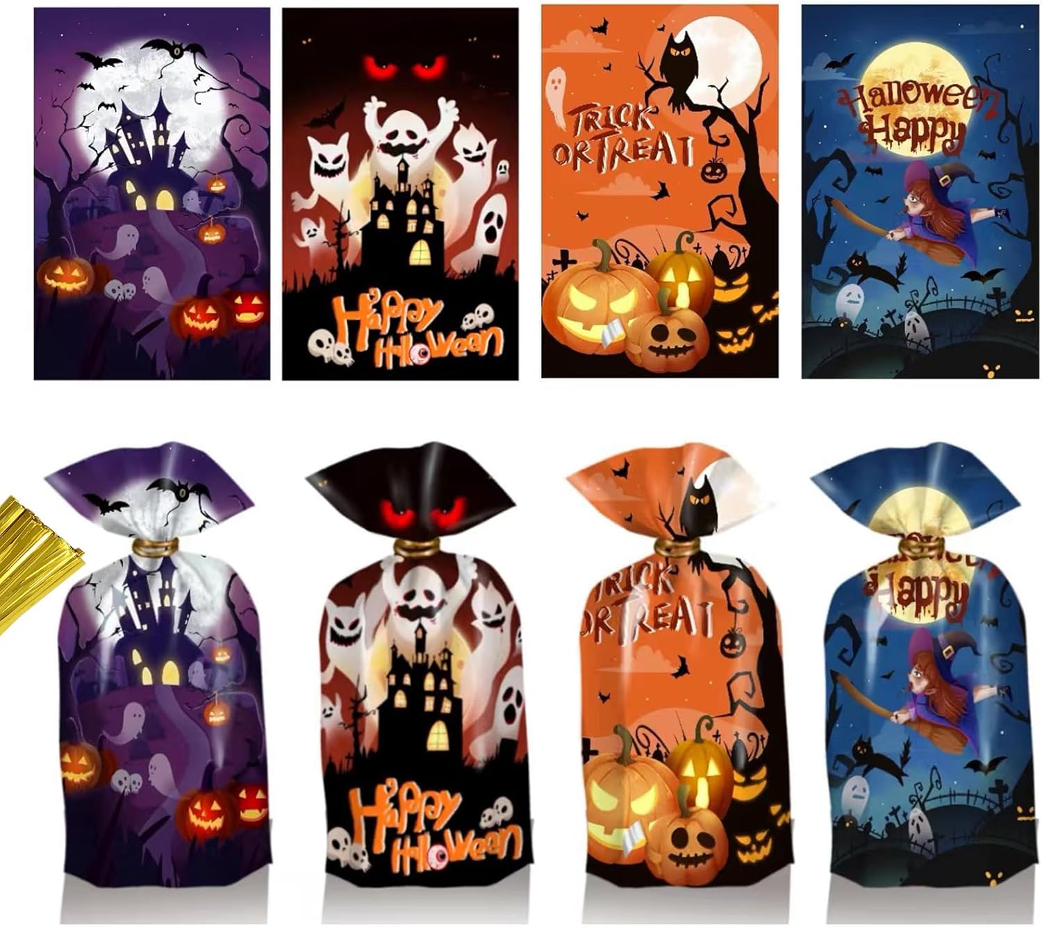 50 sztuk torebek na smakołyki na Halloween, celofanowe torebki na ciasteczka z wiązaniami (4 wzory)