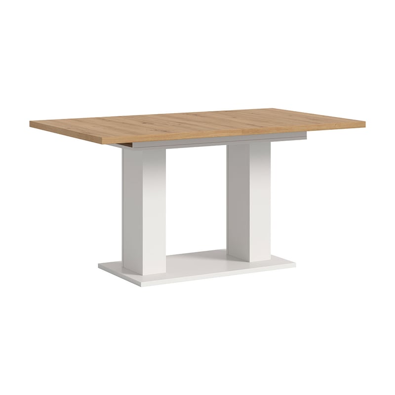 Motion stół do jadalni podwójna kolumnowa 90x150/190 cm z 1 wkładką dąb dekor, biały.