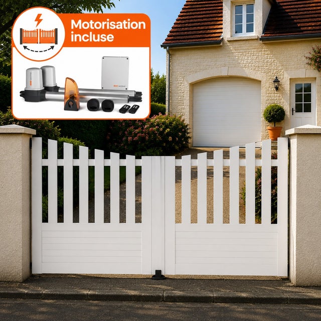 Portail battant électrique PVC blanc avec moteur Sentinel H 145 x L 300 ALENÇON INCURVÉ