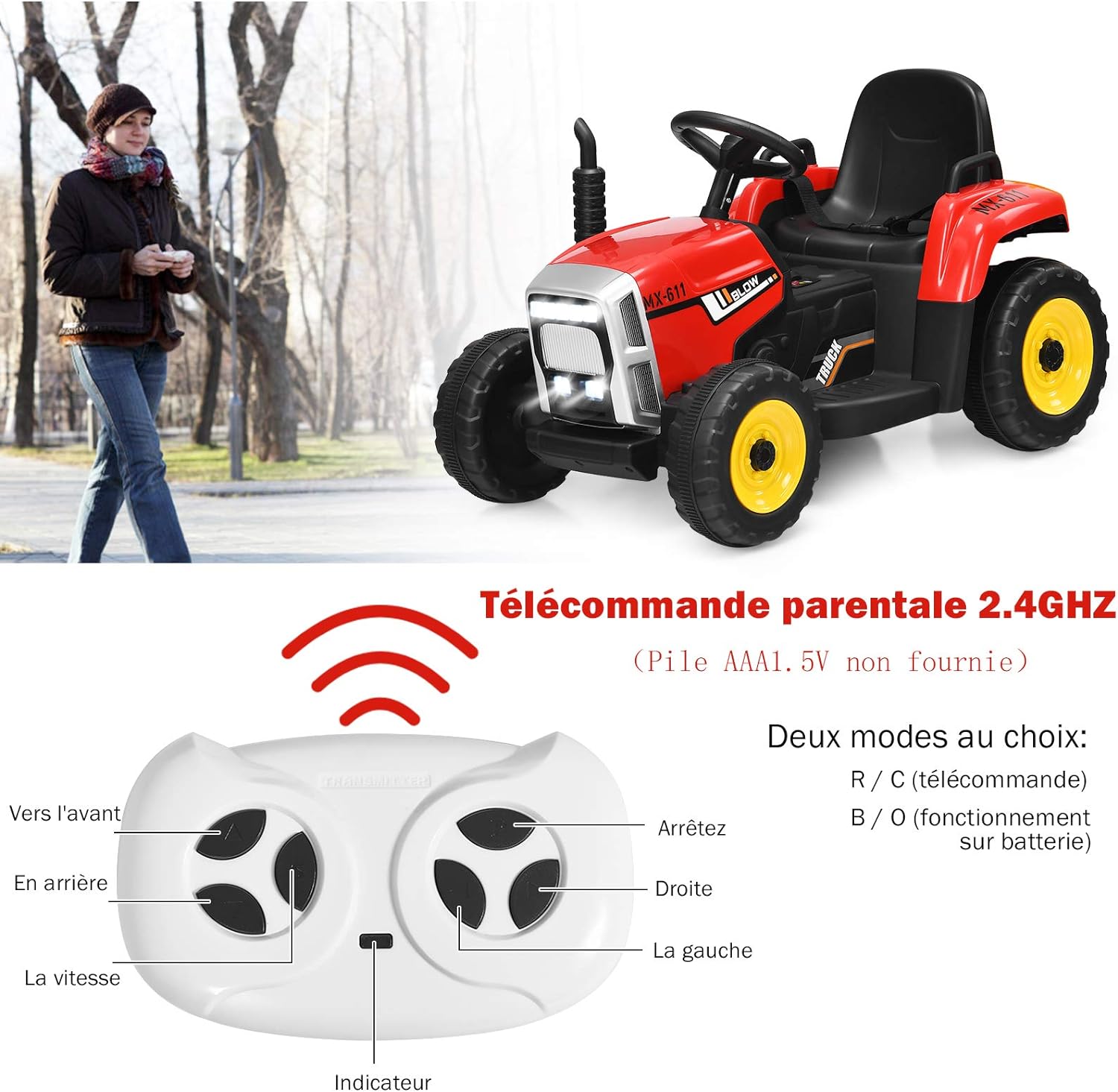 Trattore con Rimorchio Cavalcabile per Bambini 12V, Trattore Elettrico Telecomandato, con Luci e Suoni, 30kg, 3+ Anni (Rosso) - 3