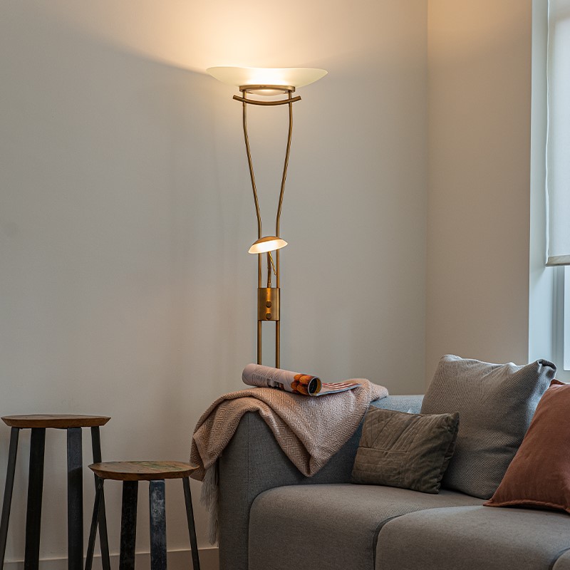 Qazqa moderne lampadaire uplighter avec bras de lecture - Lexus - bronze, led intégrée 18w incluse, Integrated led, 2700k, blanc - 2
