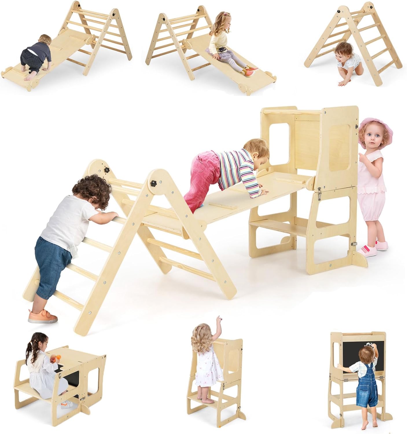 7 w 1 Zjeżdżalnia – Trójkąt do Wspinania Montesorri, Drabinka Przekształcalna, Tablica Czarna, Stół, Krzesło, dla Dzieci w Wieku 3-14 Lat, Naturalna