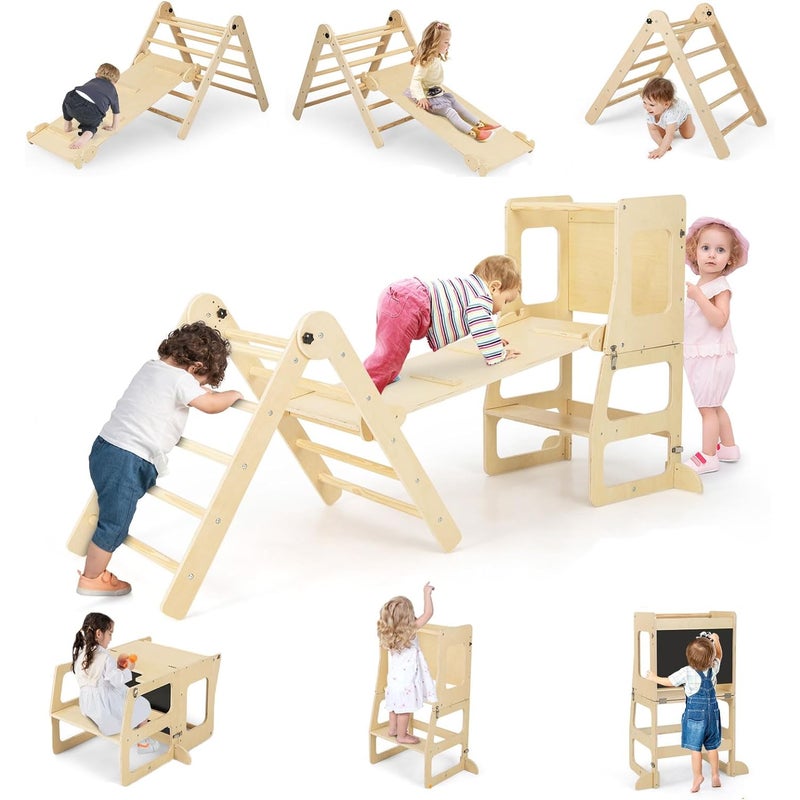 7 w 1 Zjeżdżalnia – Trójkąt do Wspinania Montesorri, Drabinka Przekształcalna, Tablica Czarna, Stół, Krzesło, dla Dzieci w Wieku 3-14 Lat, Naturalna