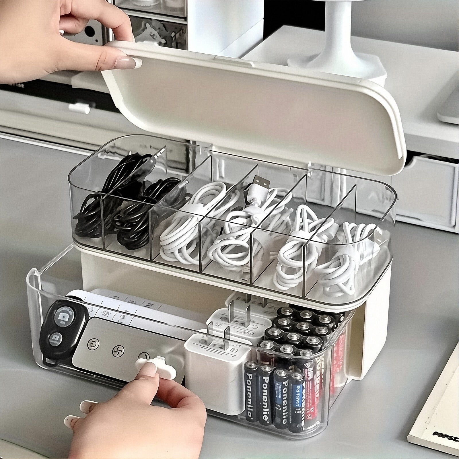 Scatola organizer per cavi da scrivania trasparente a doppio strato, una soluzione compatta per riporre cavi e caricabatterie, adatta uffici domestici - 4