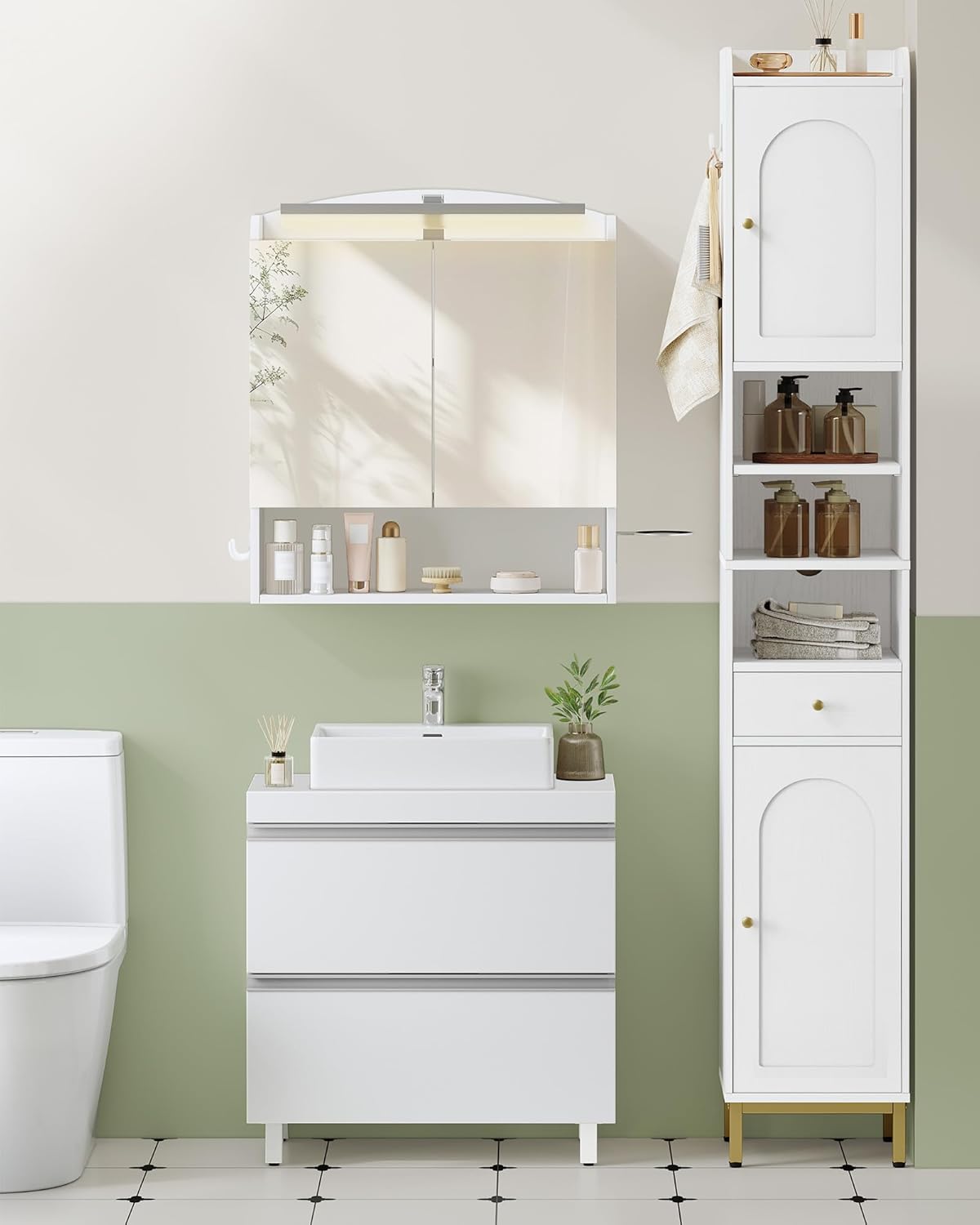 Mobile Sottolavabo per Bagno, Mobiletto da Bagno, 3 Cassetti, Piedini, indipendente, moderno, 30 x 60 x 64 cm, Bianco - 2