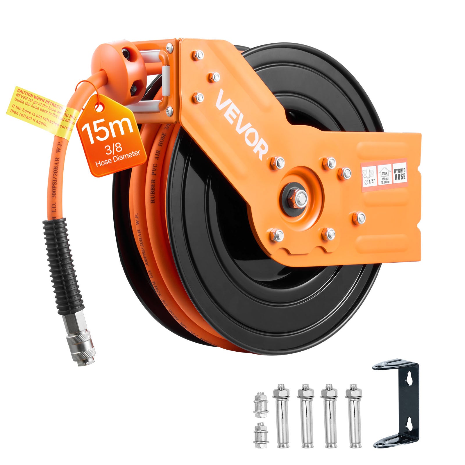 Tambur Furtun Aer Comprimat VEVOR 15 m x 9,5 mm, Presiune Max. 20,7 bar, Retragere Automată, Furtun Hibrid pentru Compresor de Aer