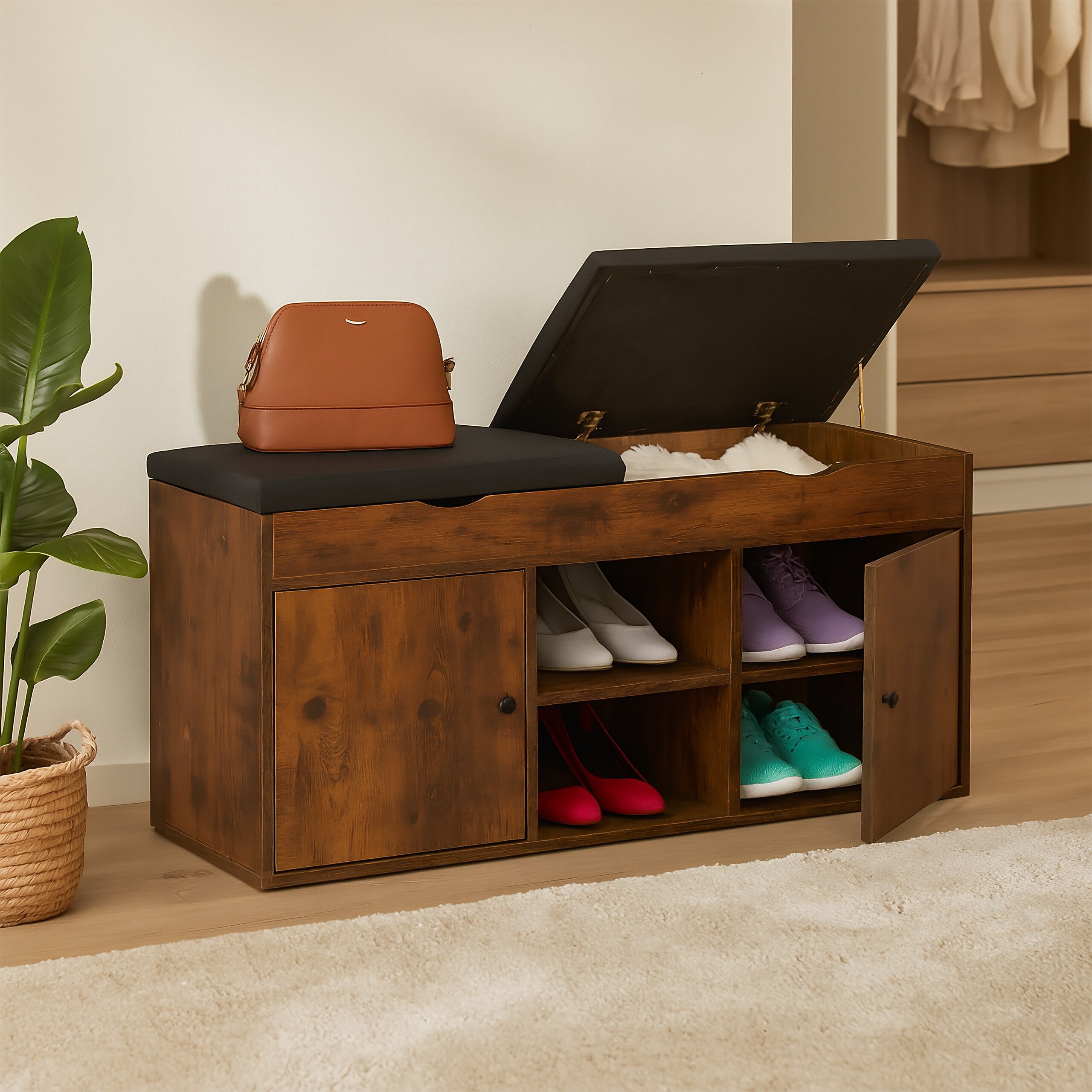 Banc de rangement à chaussures, pour 6-8 paires, meuble en similicuir, 2 niveaux, HxlxP 49 x 81 x 31 cm, noir, Relaxdays | Leroy Merlin