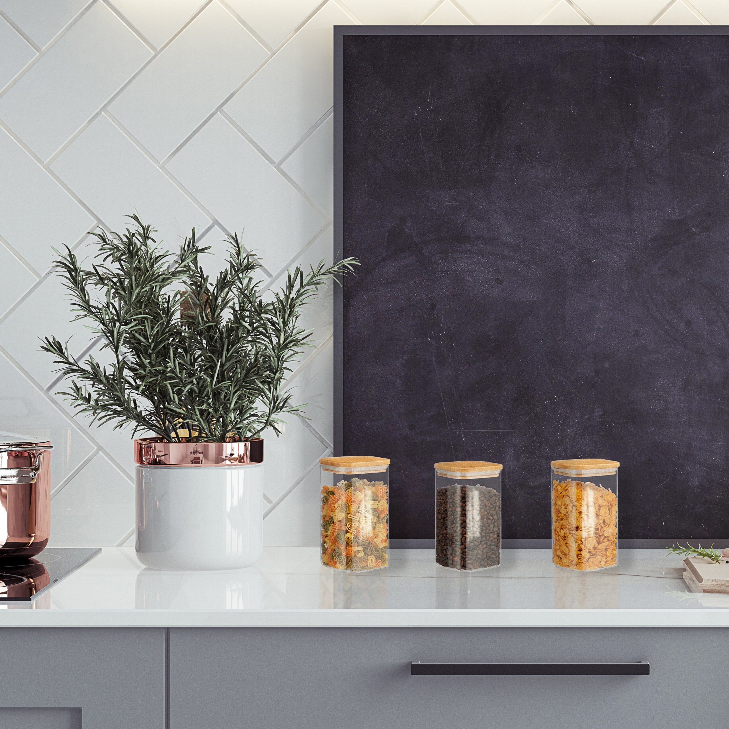 Relaxdays Lot de 3 bocaux en verre, couvercle en bambou, carré, conservation, 1200 ml, hermétique, transparent/naturel - 5