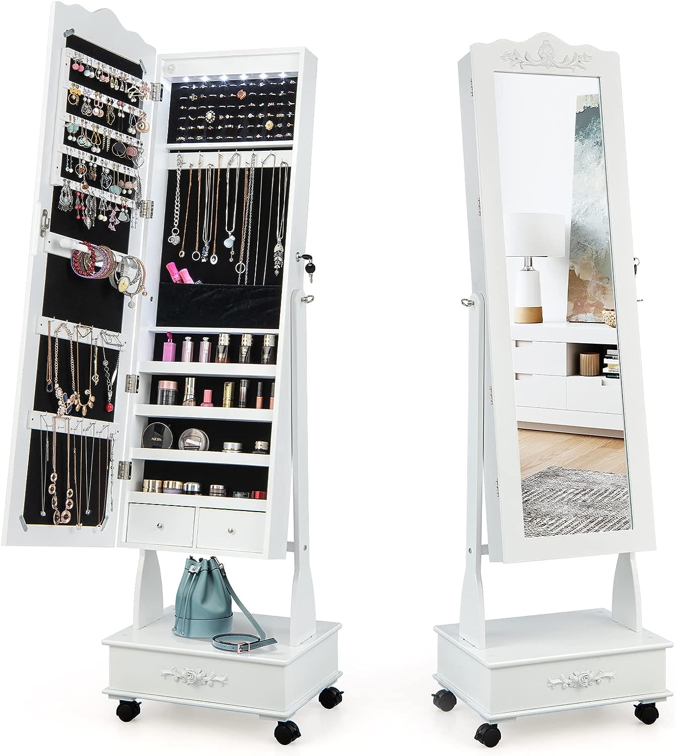 Szafka na biżuterię z lustrem, szafka z lustrem LED z szufladą, organizer na biżuterię, zamykany na kółkach, idealny do przechowywania i makijażu