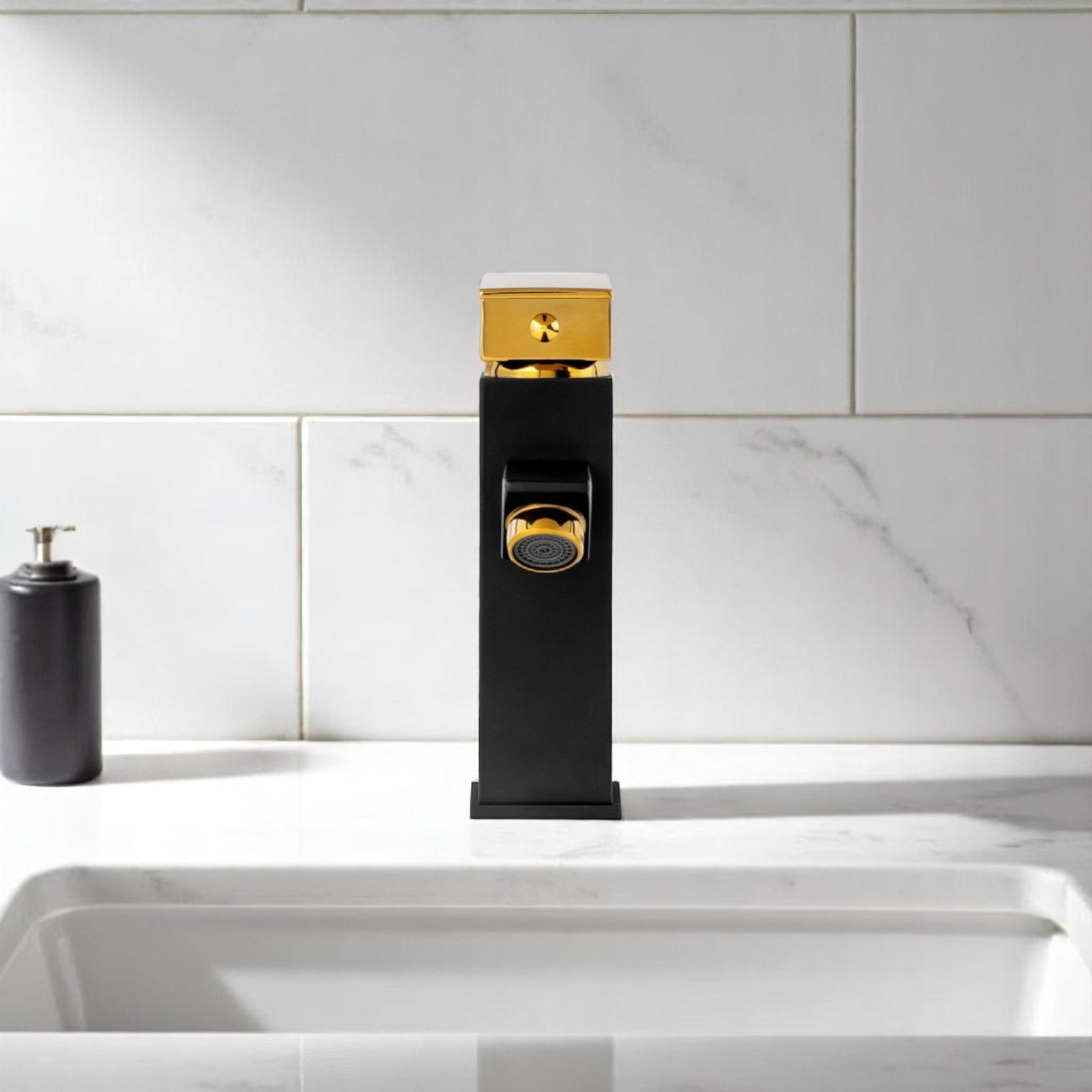 Torneira de Lavatório Retrô com Bico Alto em Latão, de Poupança de Água, Preto/Dourado - 7