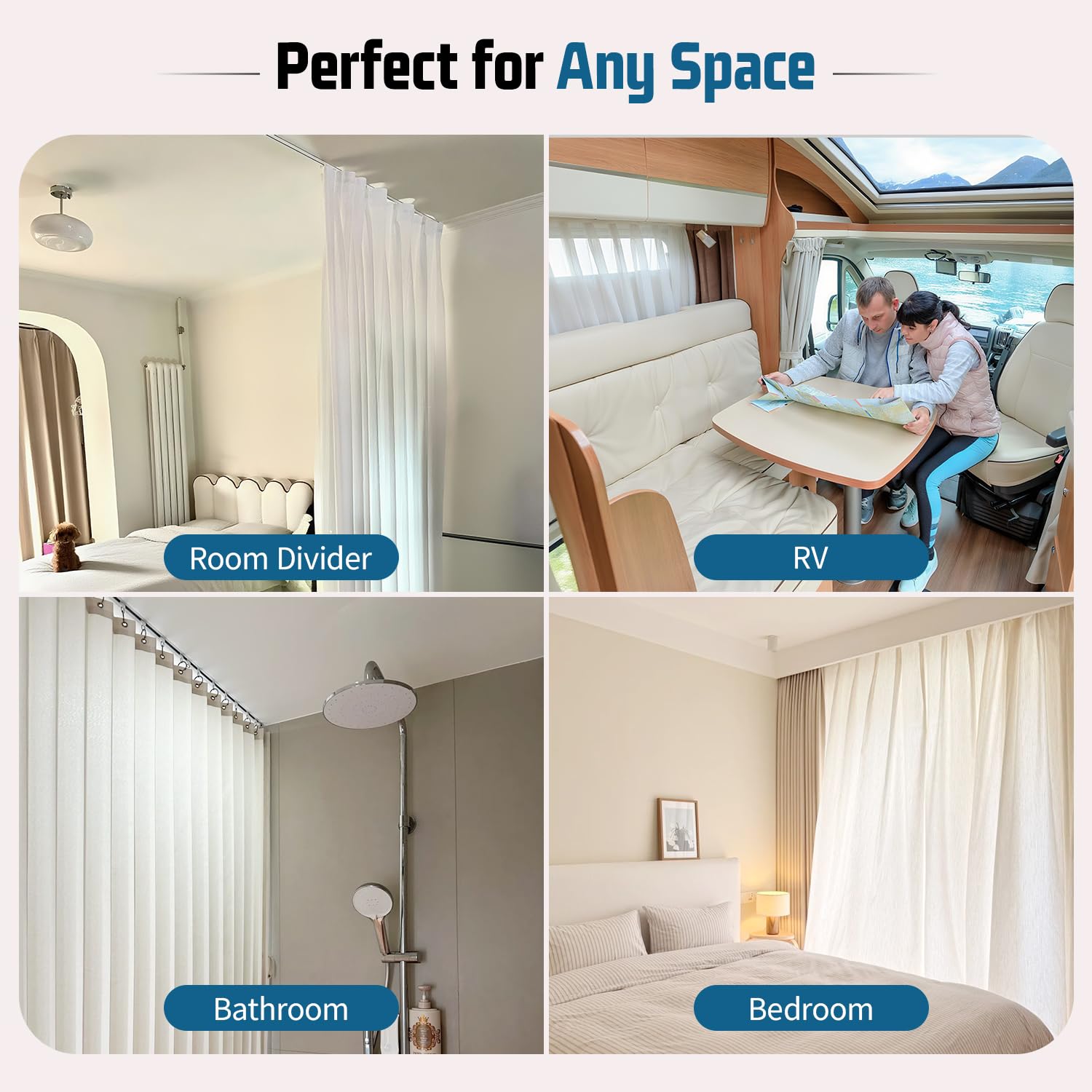 Riel de cortina sin taladro de 3,5 m, barra de cortina para montaje en techo con 35 ruedas, adecuado para baños y dormitorios. - 6