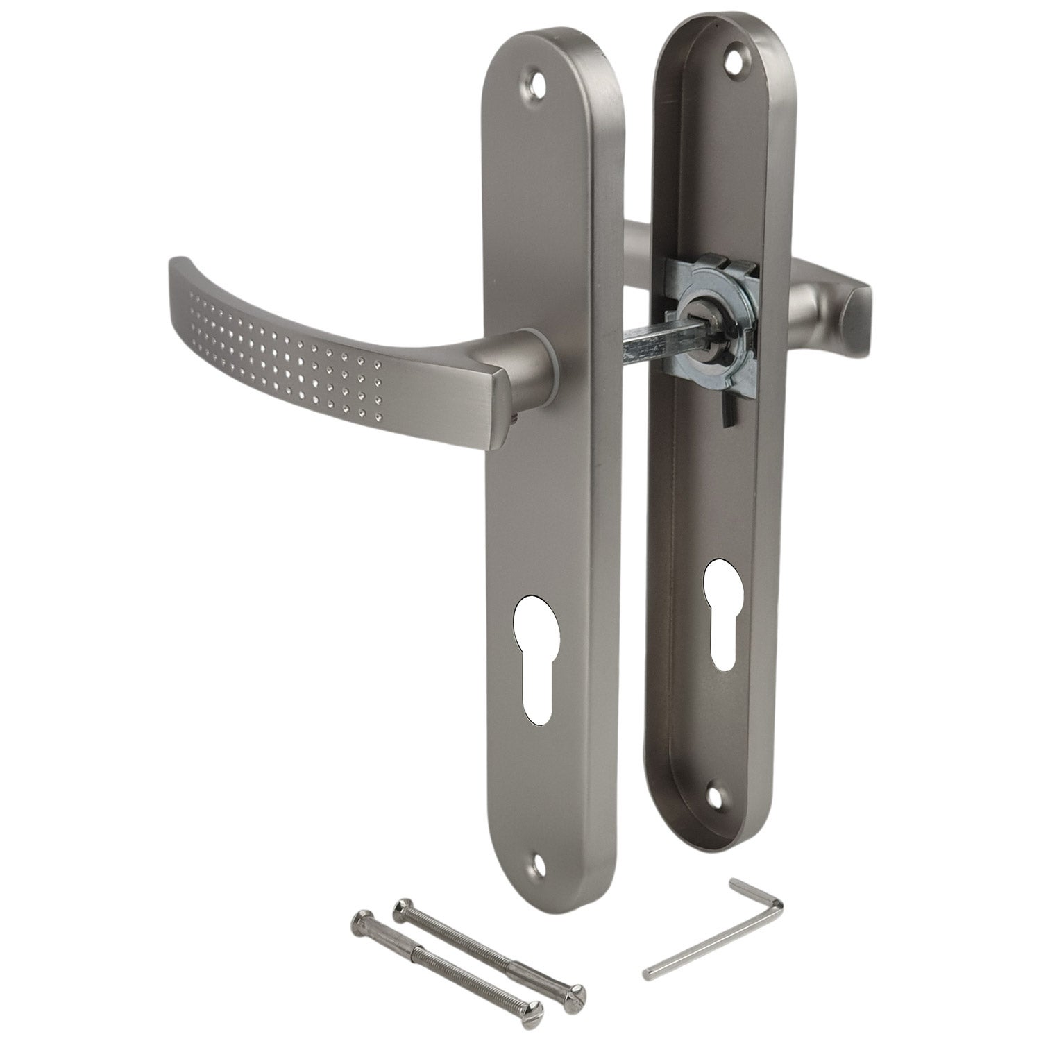2 poignées de porte AUDACE trou de Cylindre, Aluminium nickel mat entraxe 195 mm, entrée bureau garage - 5